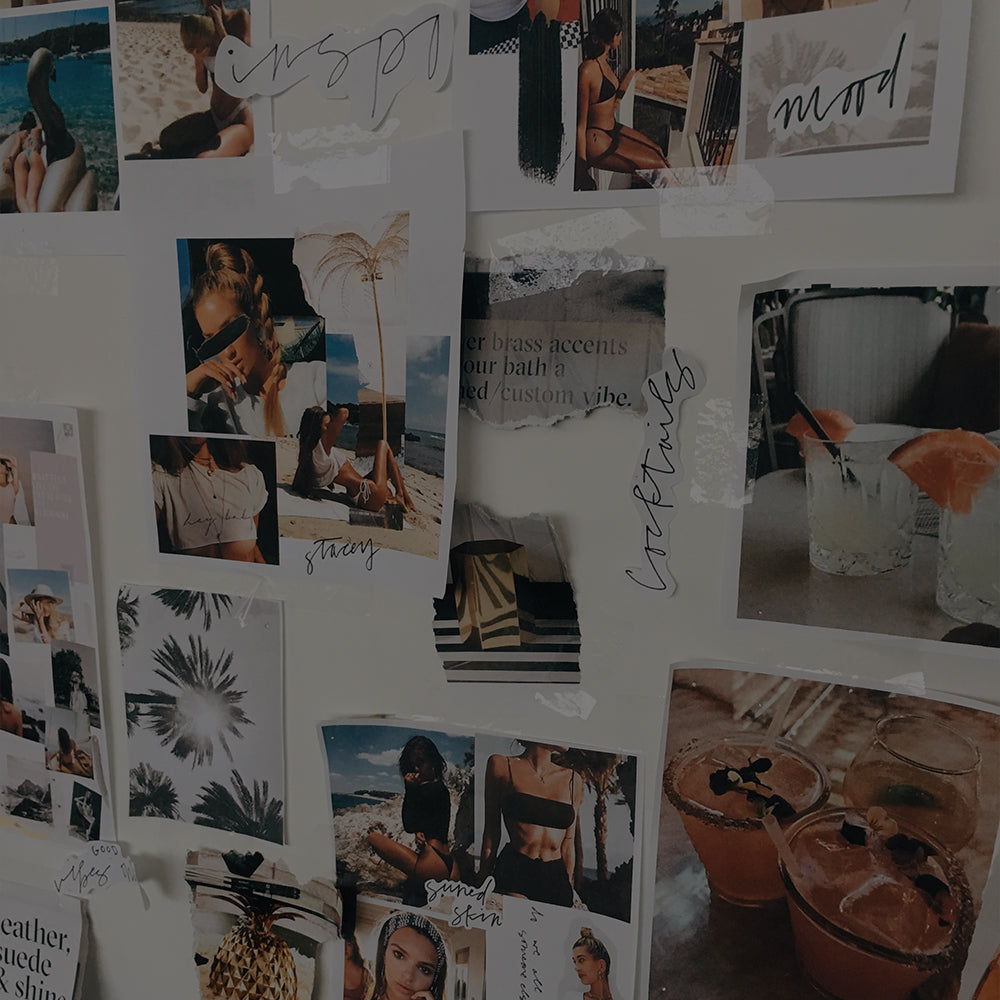 Mood board of travel and fashion snapshots taped to a wall with handwritten notes.