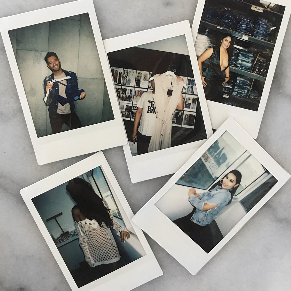 Polaroid collage of staff favorites with models wearing denim jackets and stylish outfits.