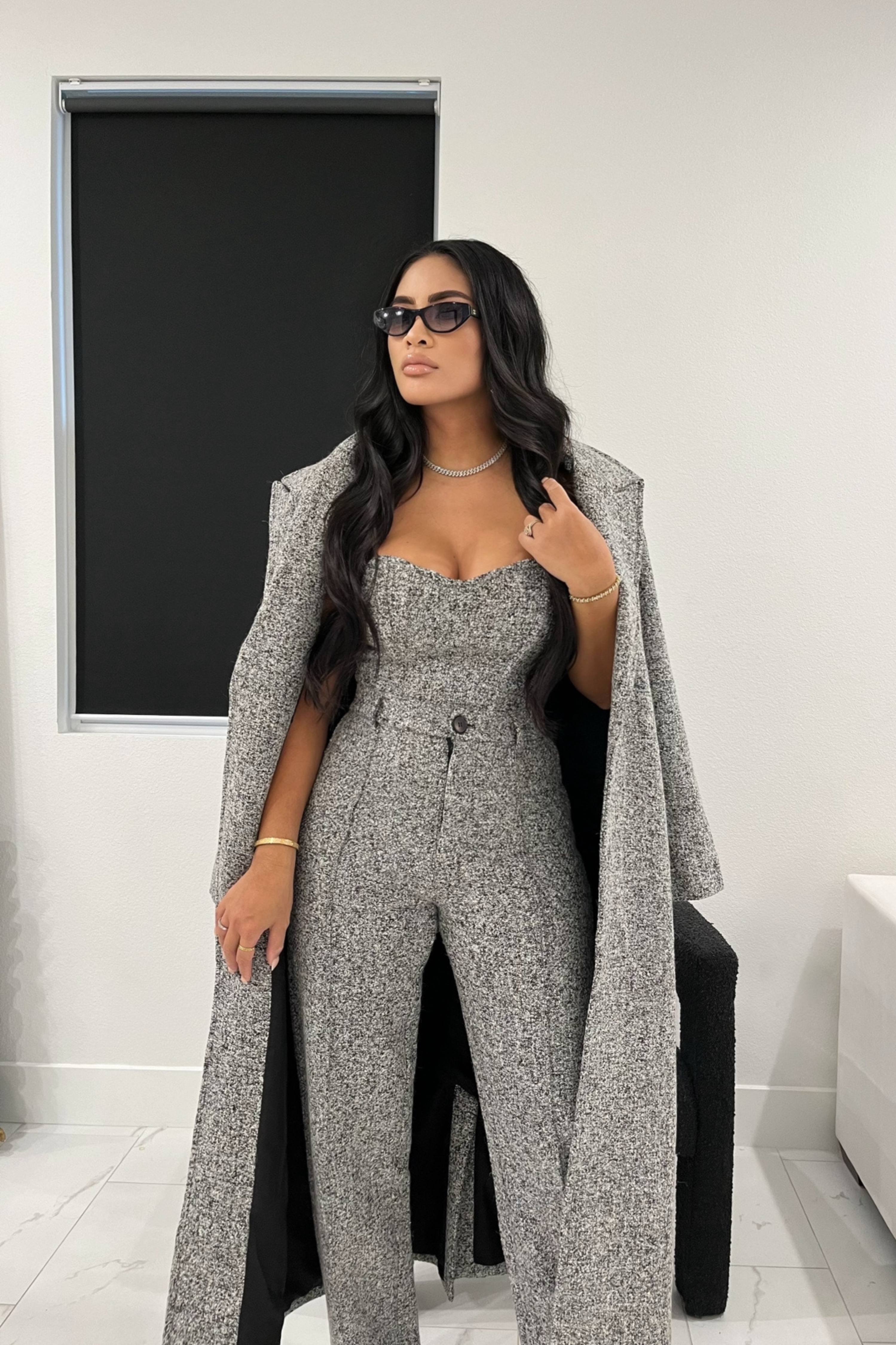 Lt. Grey Savannah Belted Tweed Coat - JLUXLABEL