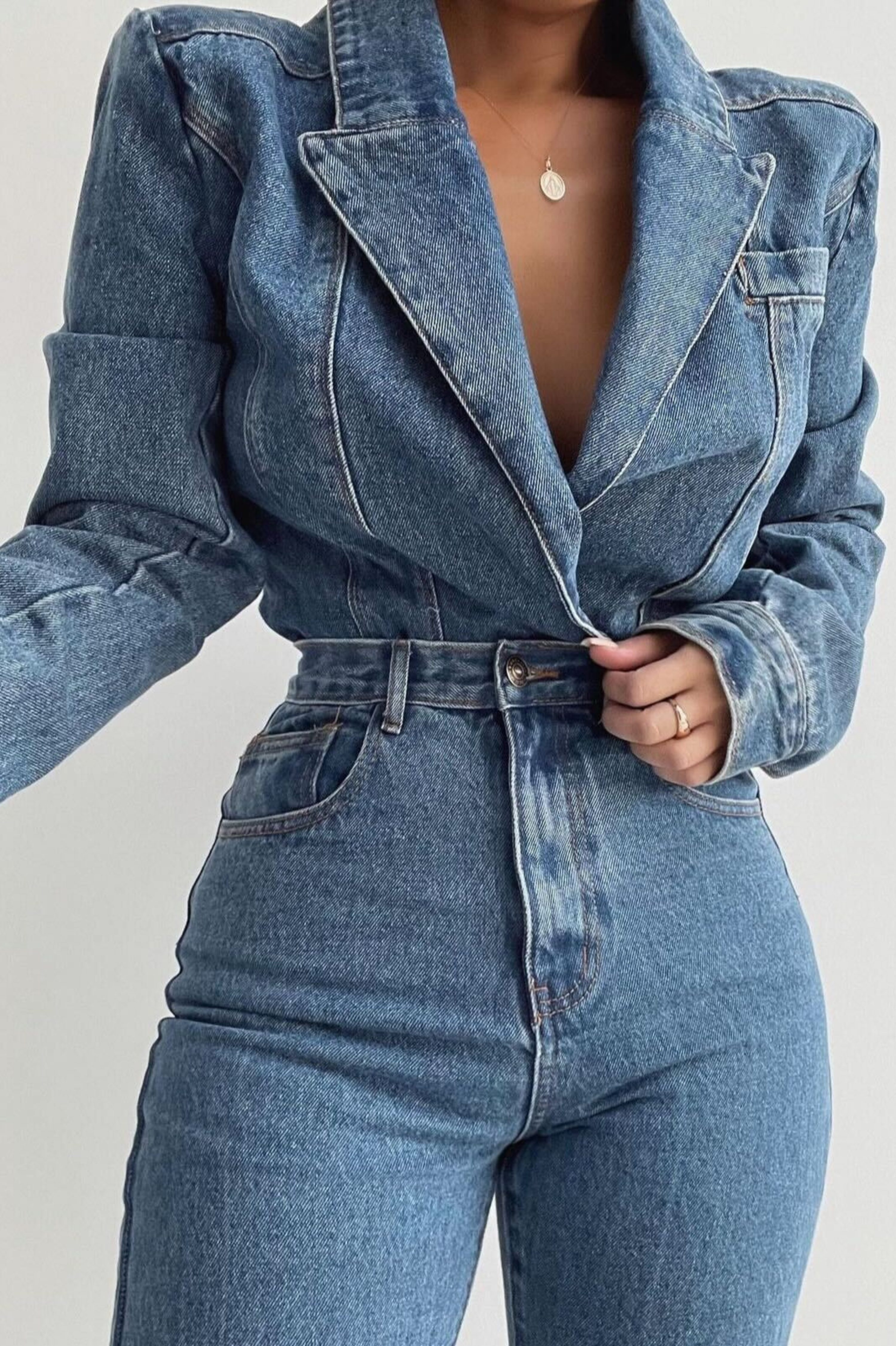 Medium Wash Dominica Structured Denim Bodysuit - JLUXLABEL