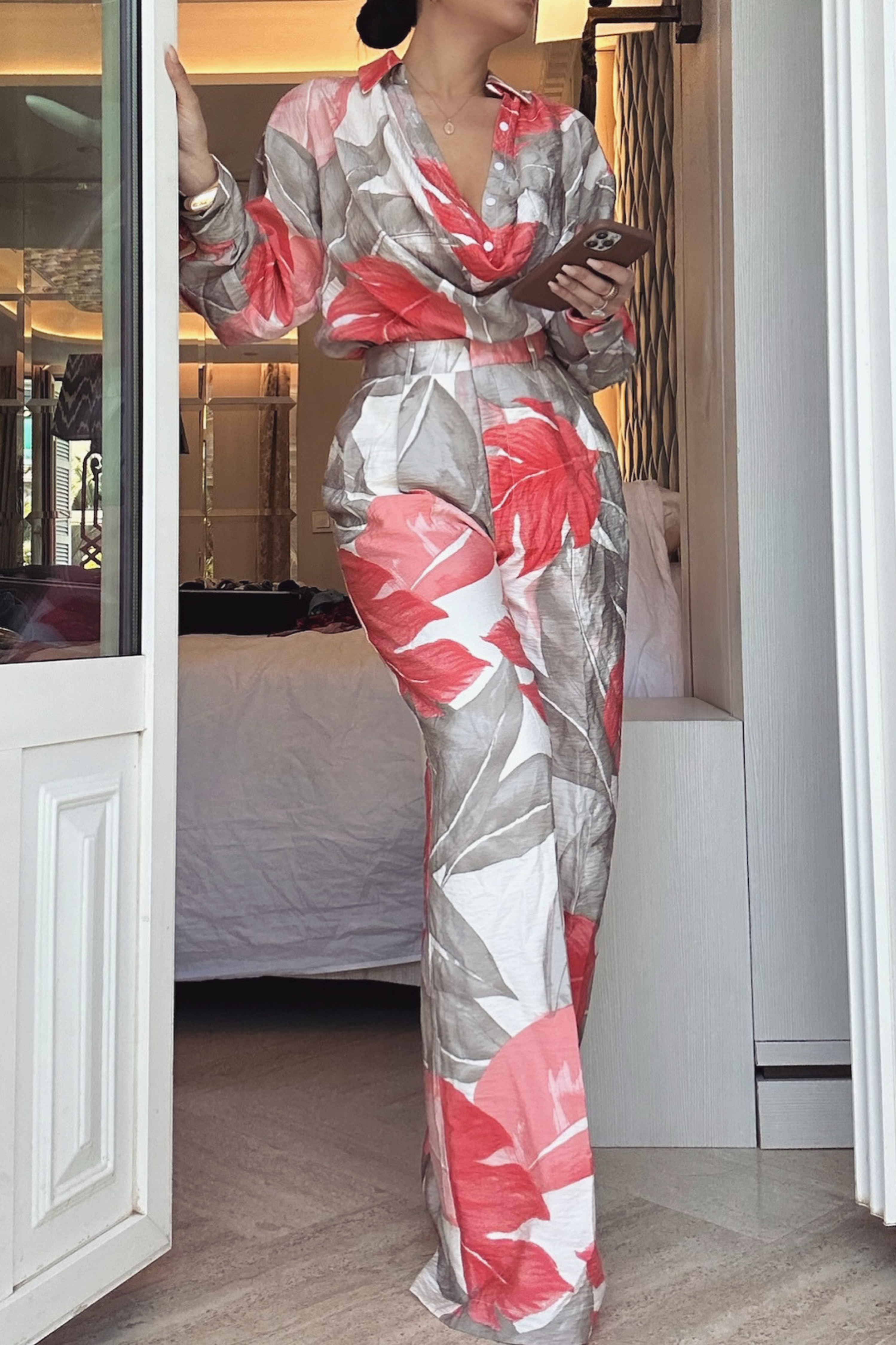 Ivory Palm Print Drew Crinkled Trousers - JLUXLABEL