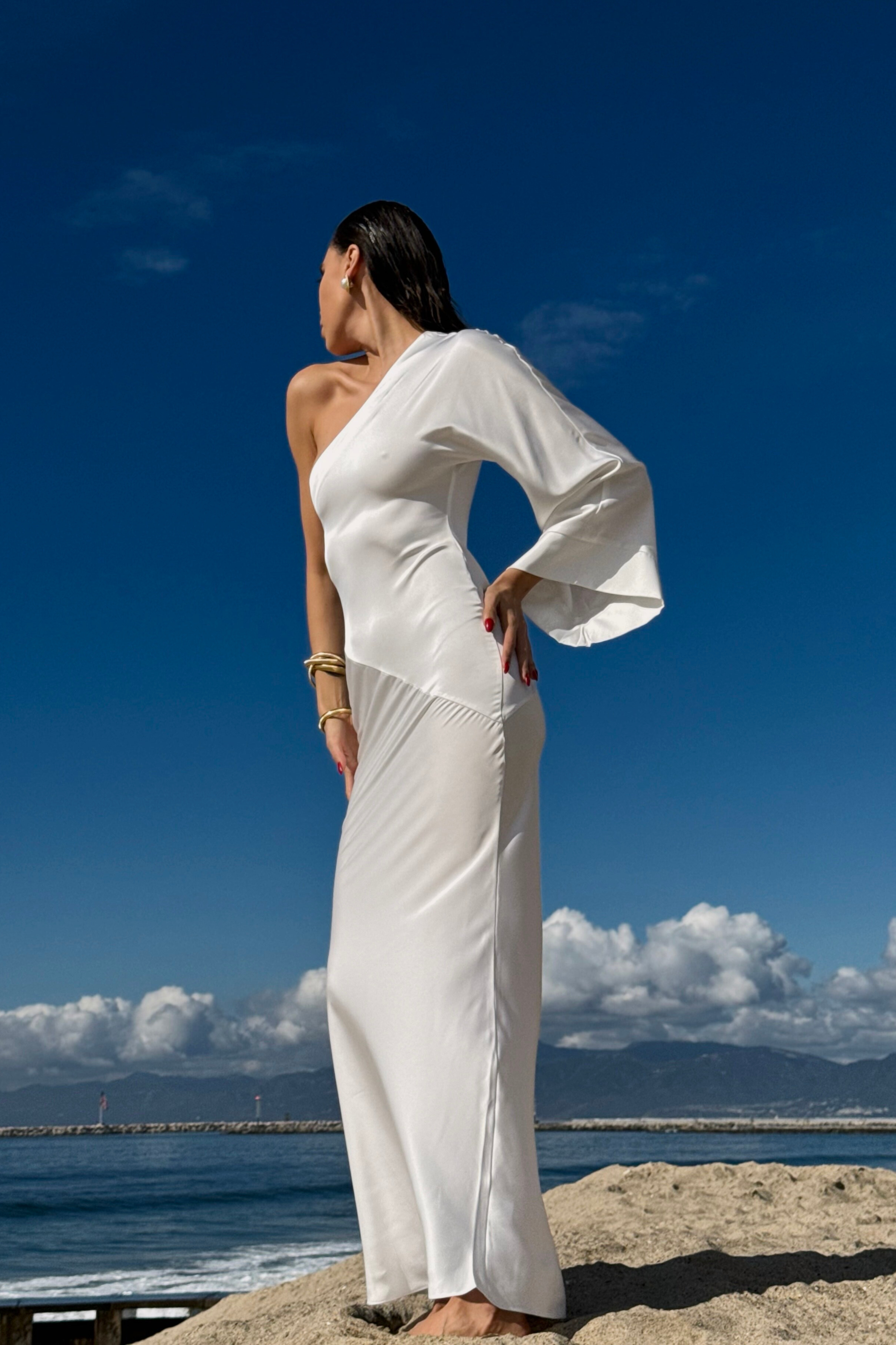 Ivory Femme Drape Maxi Dress - JLUXLABEL