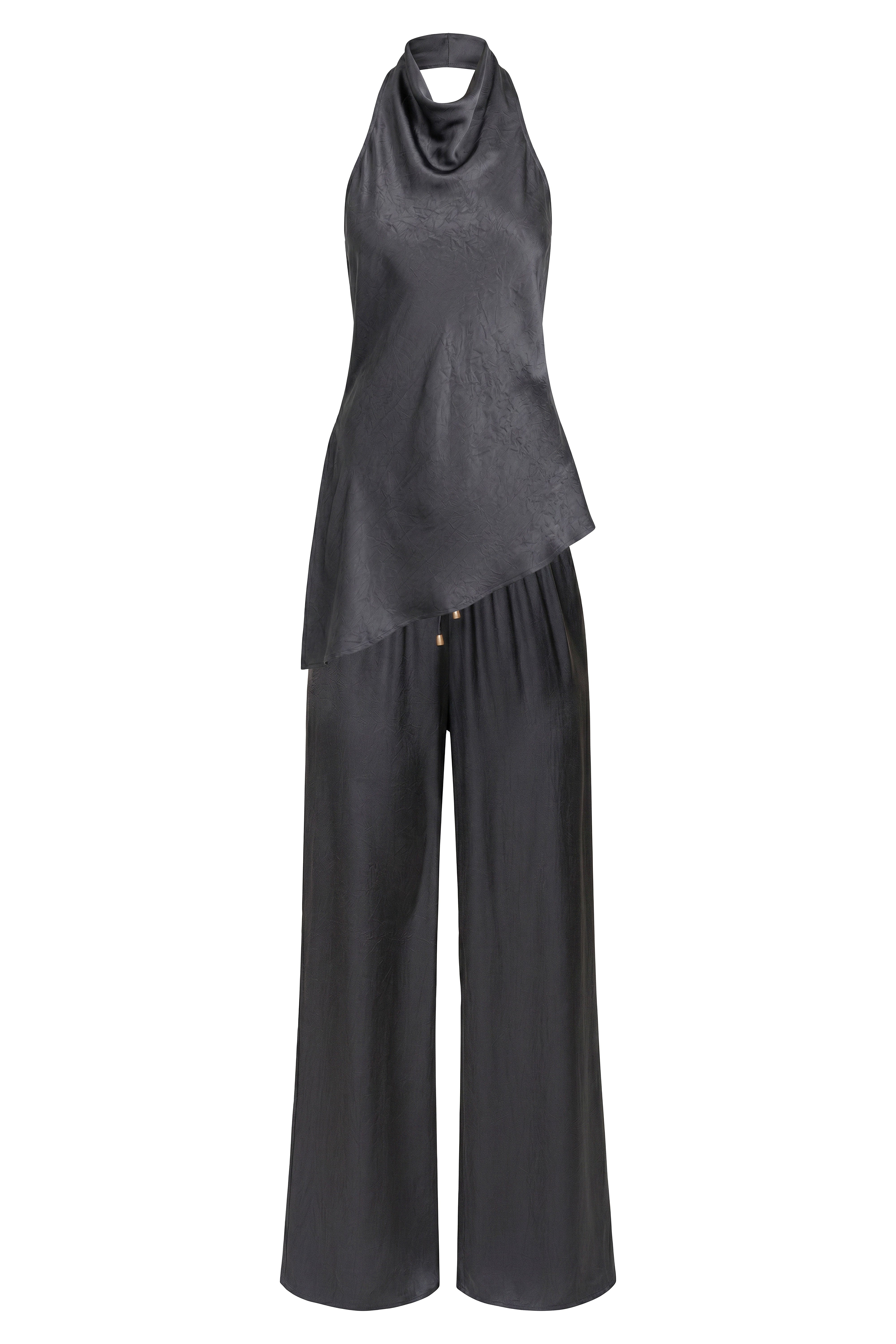 Midnight blue satin pant set by JLUXLABEL featuring a draped top and matching wide-leg pants, elegant and stylish for any occasion.