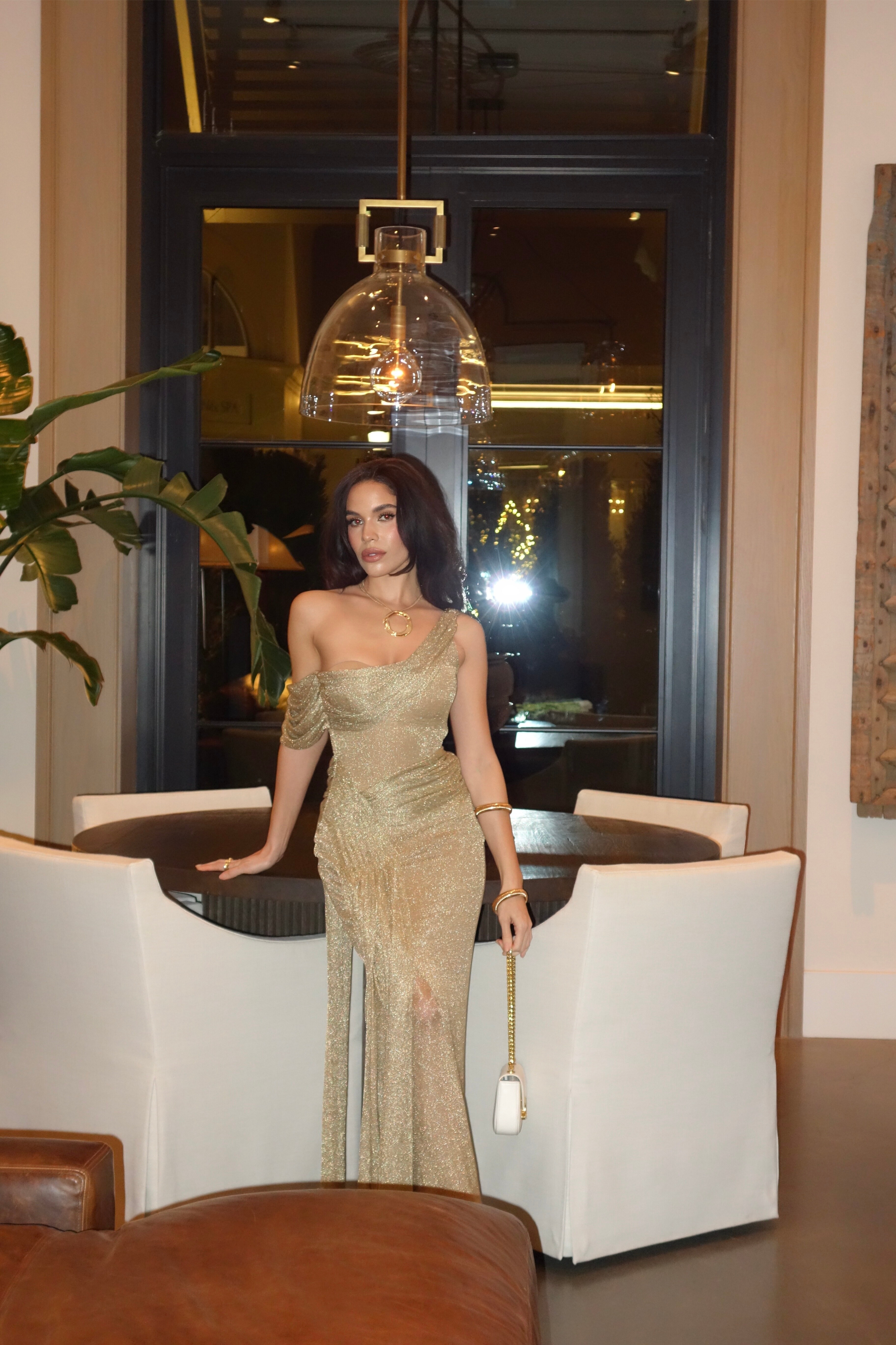 Gold Draped Metallic Maxi Dress - JLUXLABEL