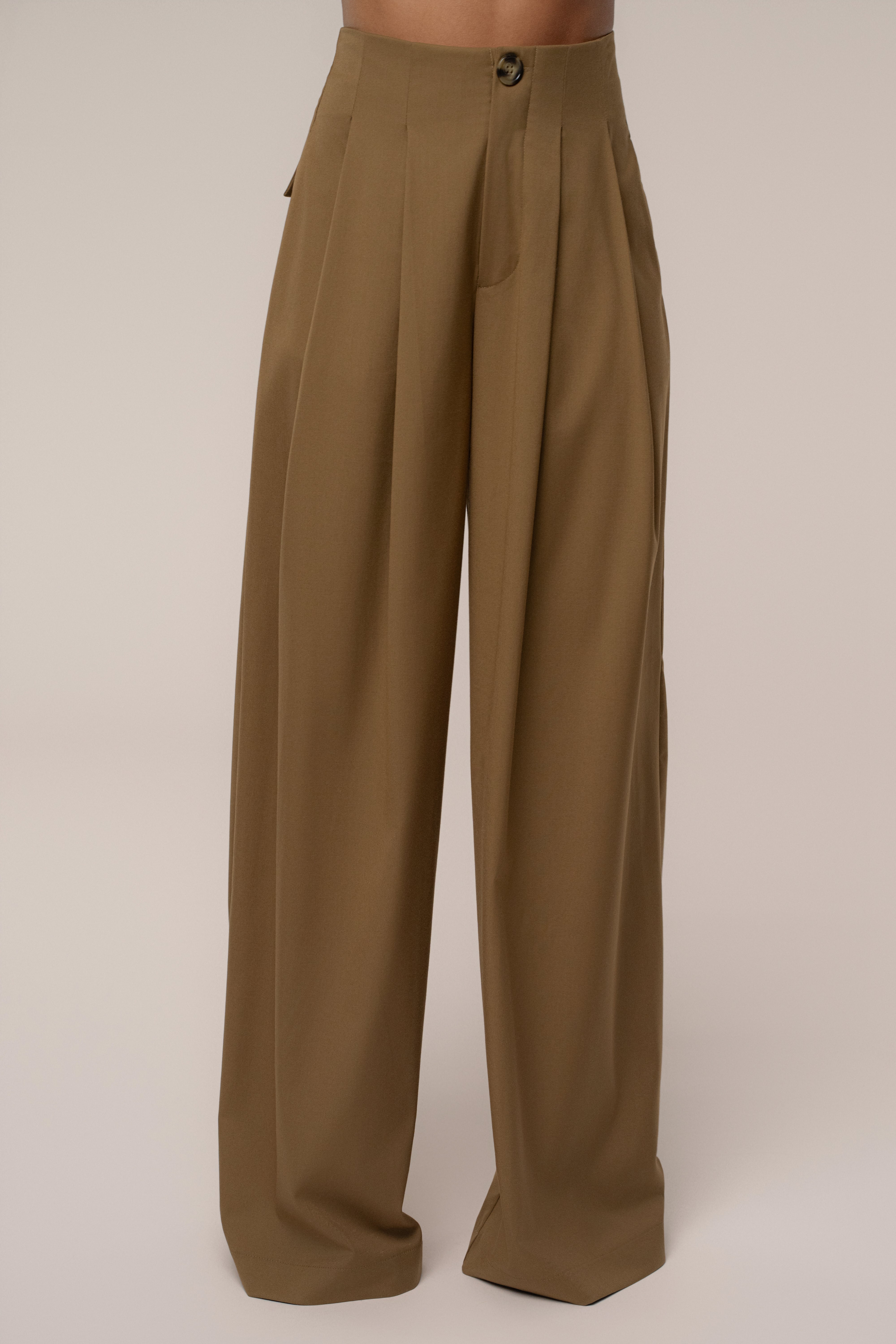 Tan Polished Pleat Trouser