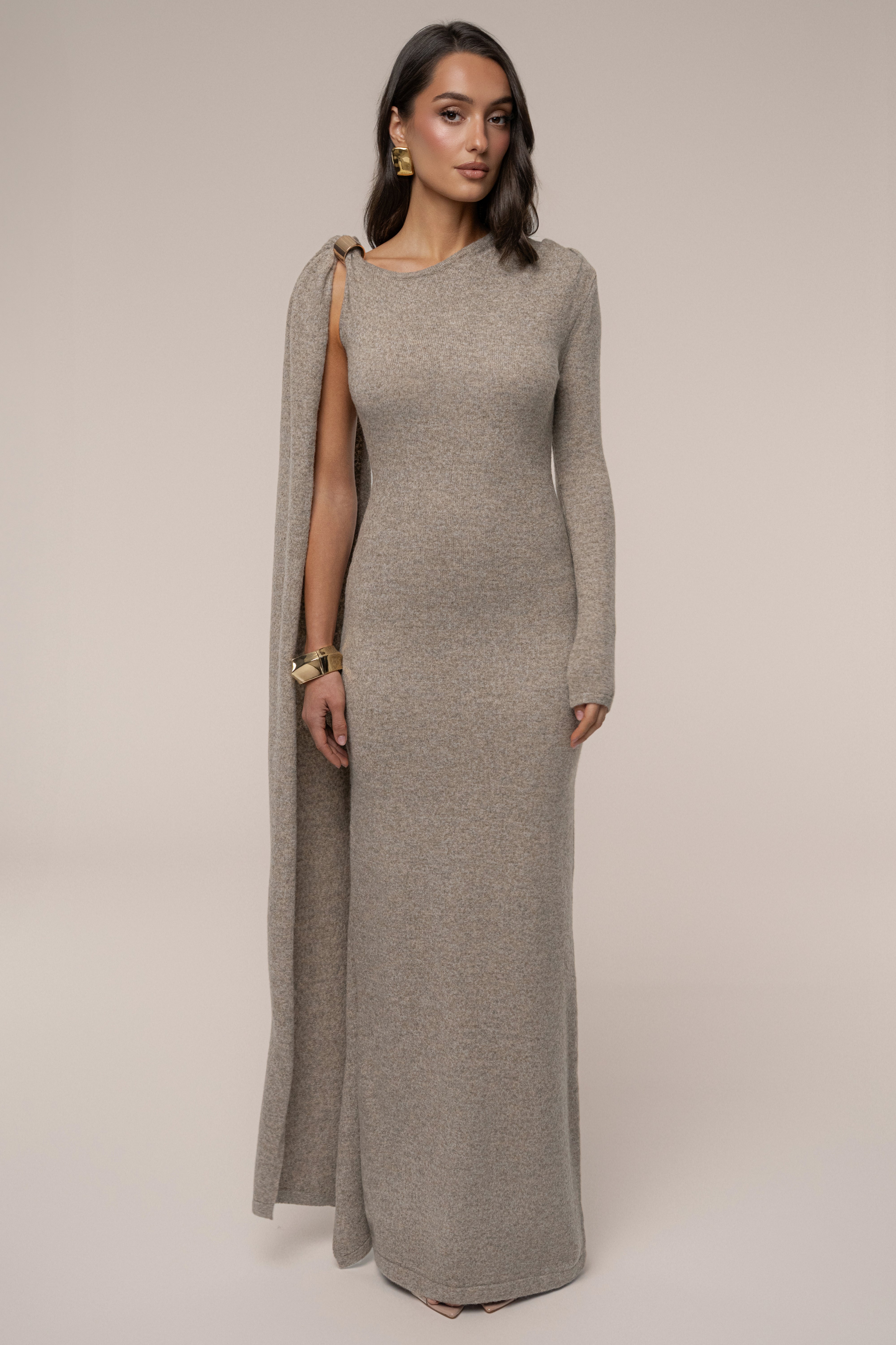 Taupe Aniza Drape Maxi Dress - JLUXLABEL
