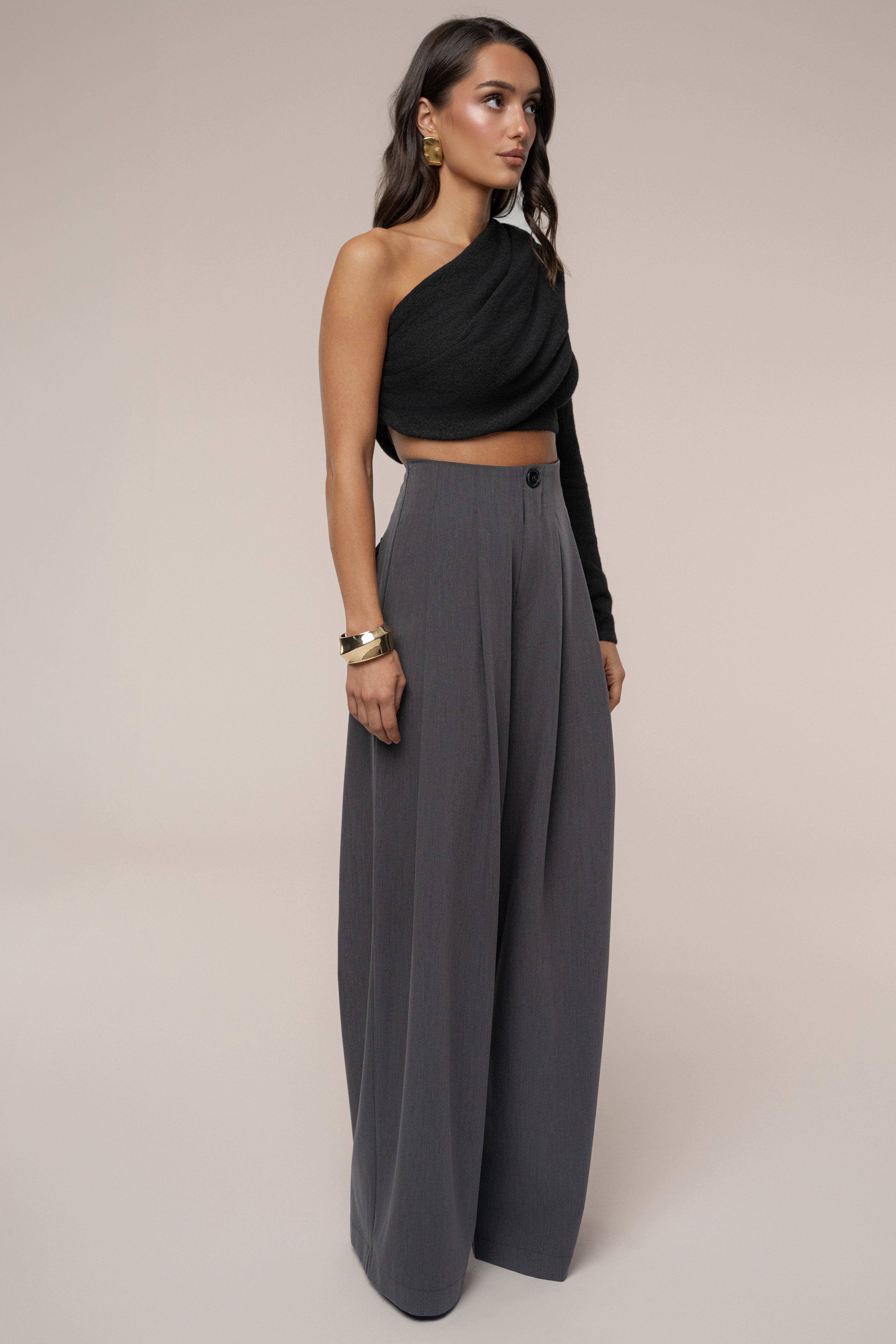 Grey Polished Pleat Trouser