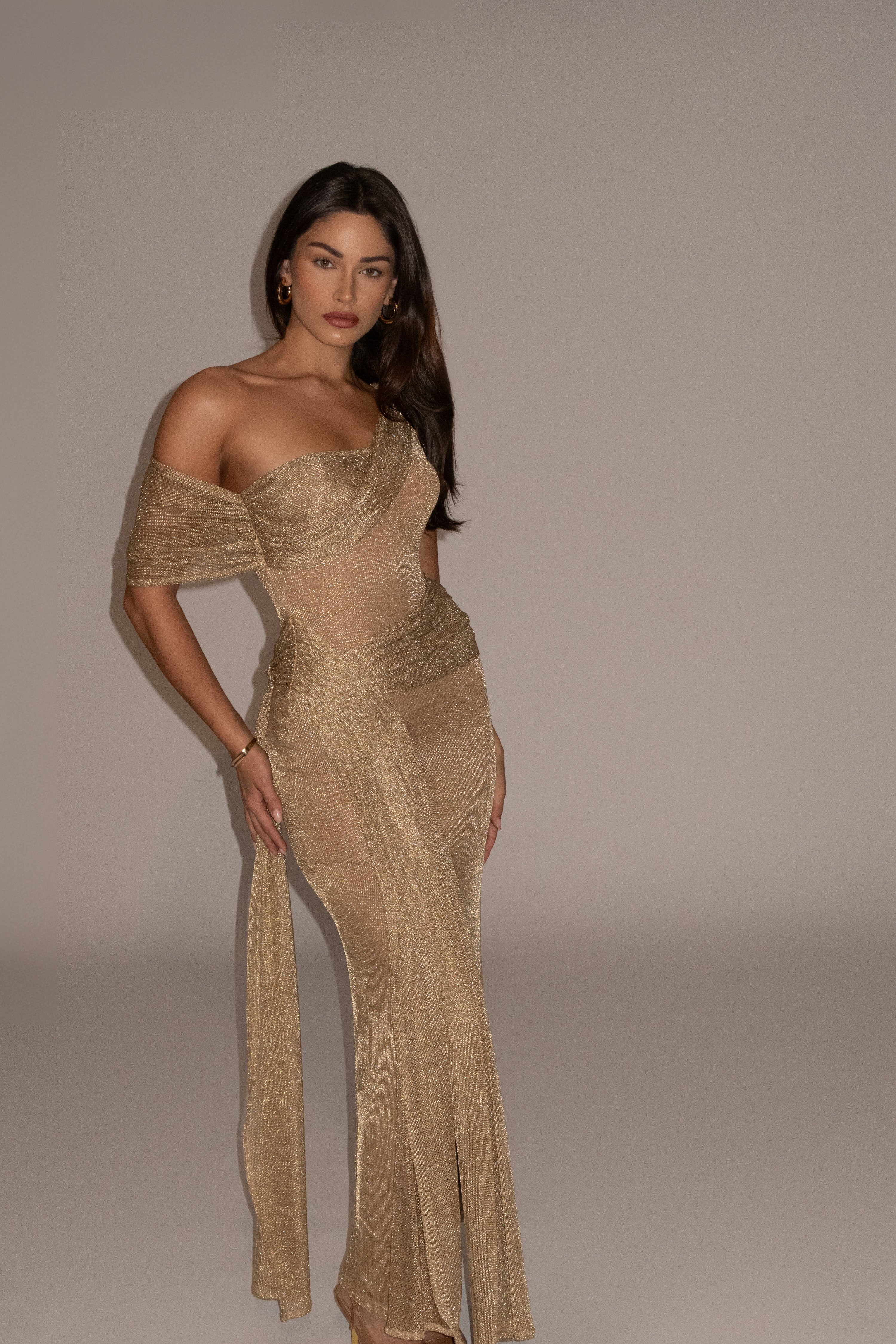 Gold Draped Metallic Maxi Dress - JLUXLABEL