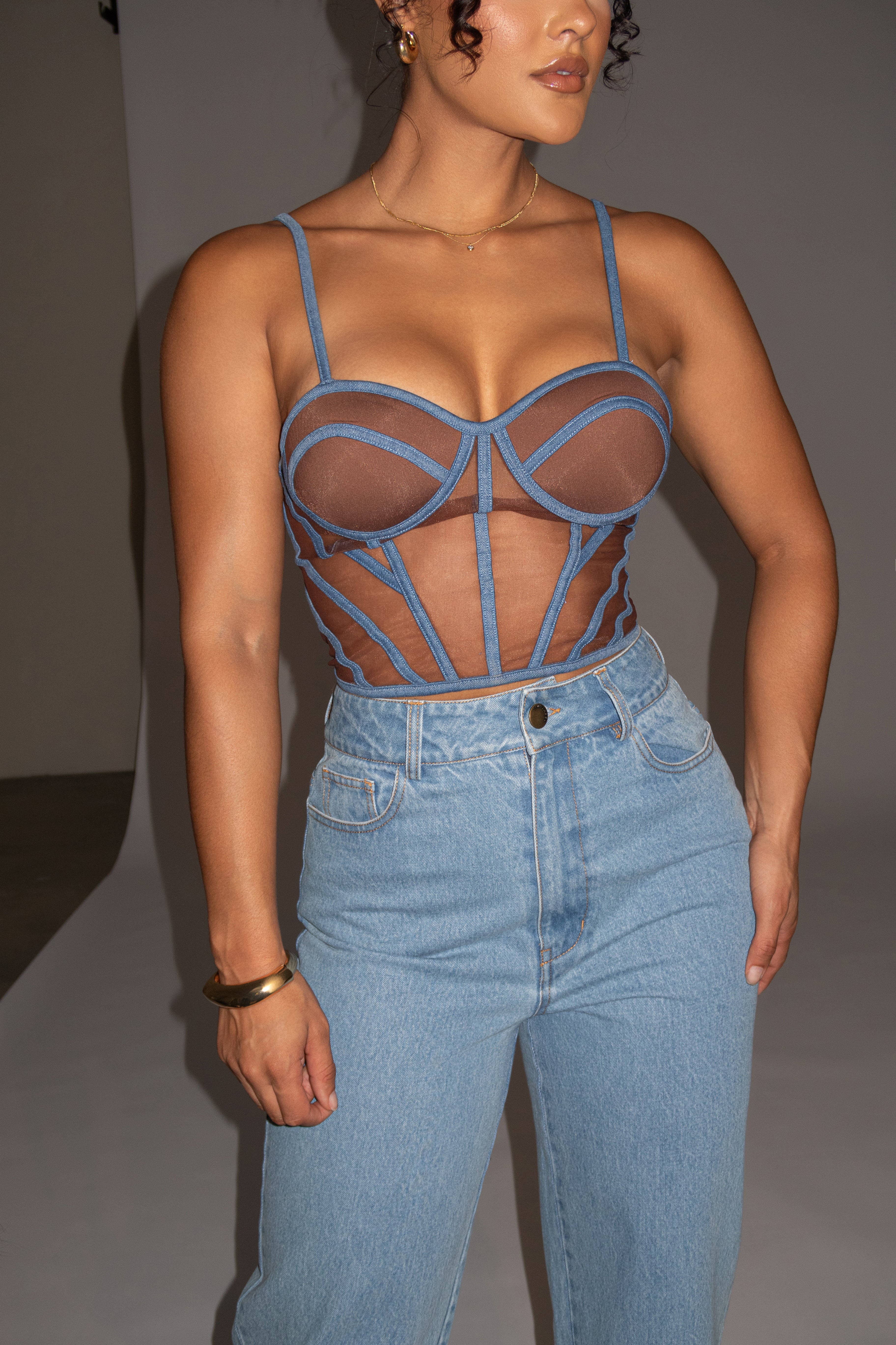 Dark Denim Illusion Mesh Bustier - JLUXLABEL