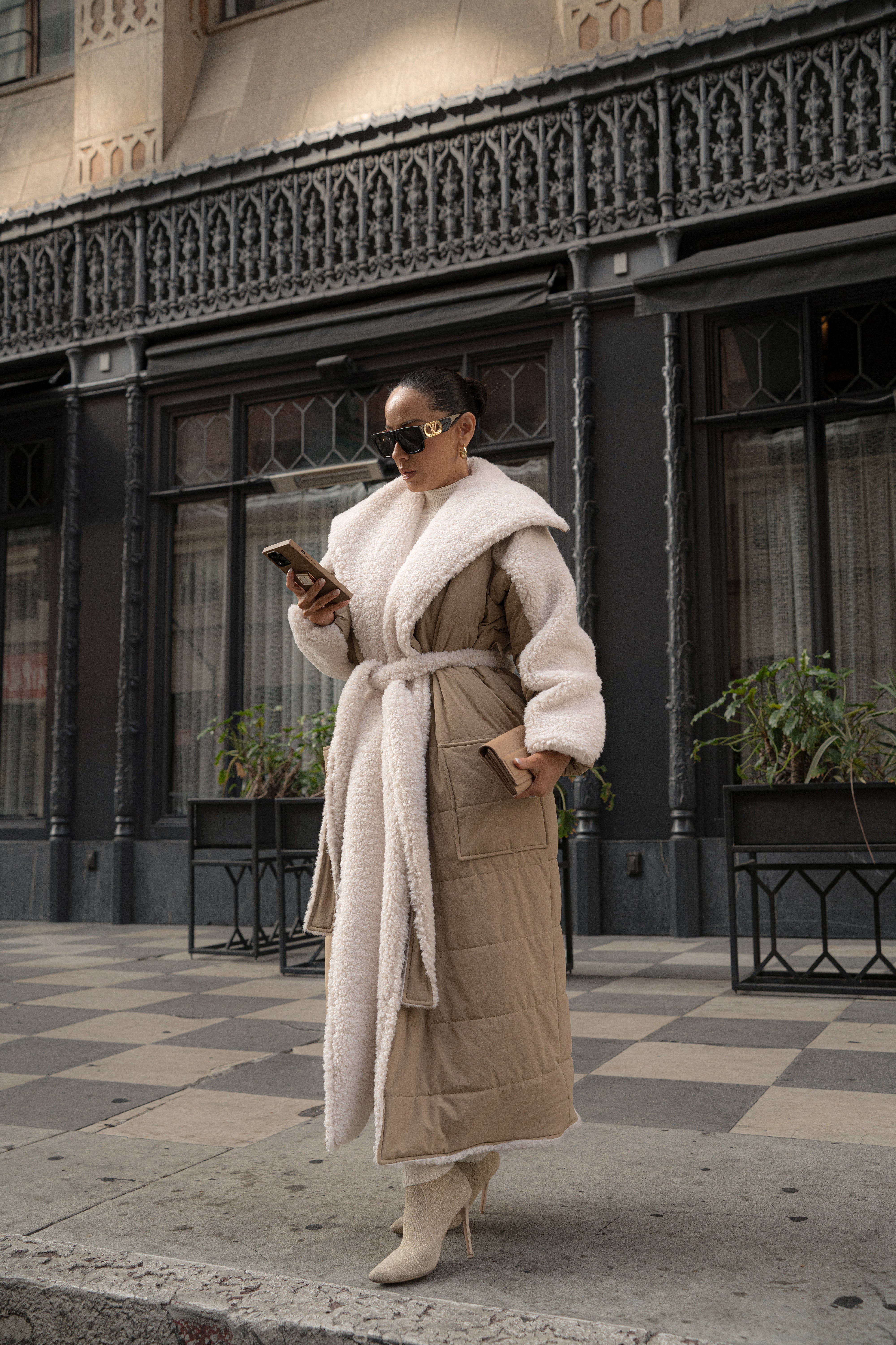 Beige/Ivory Contrast Sherpa Coat - JLUXLABEL