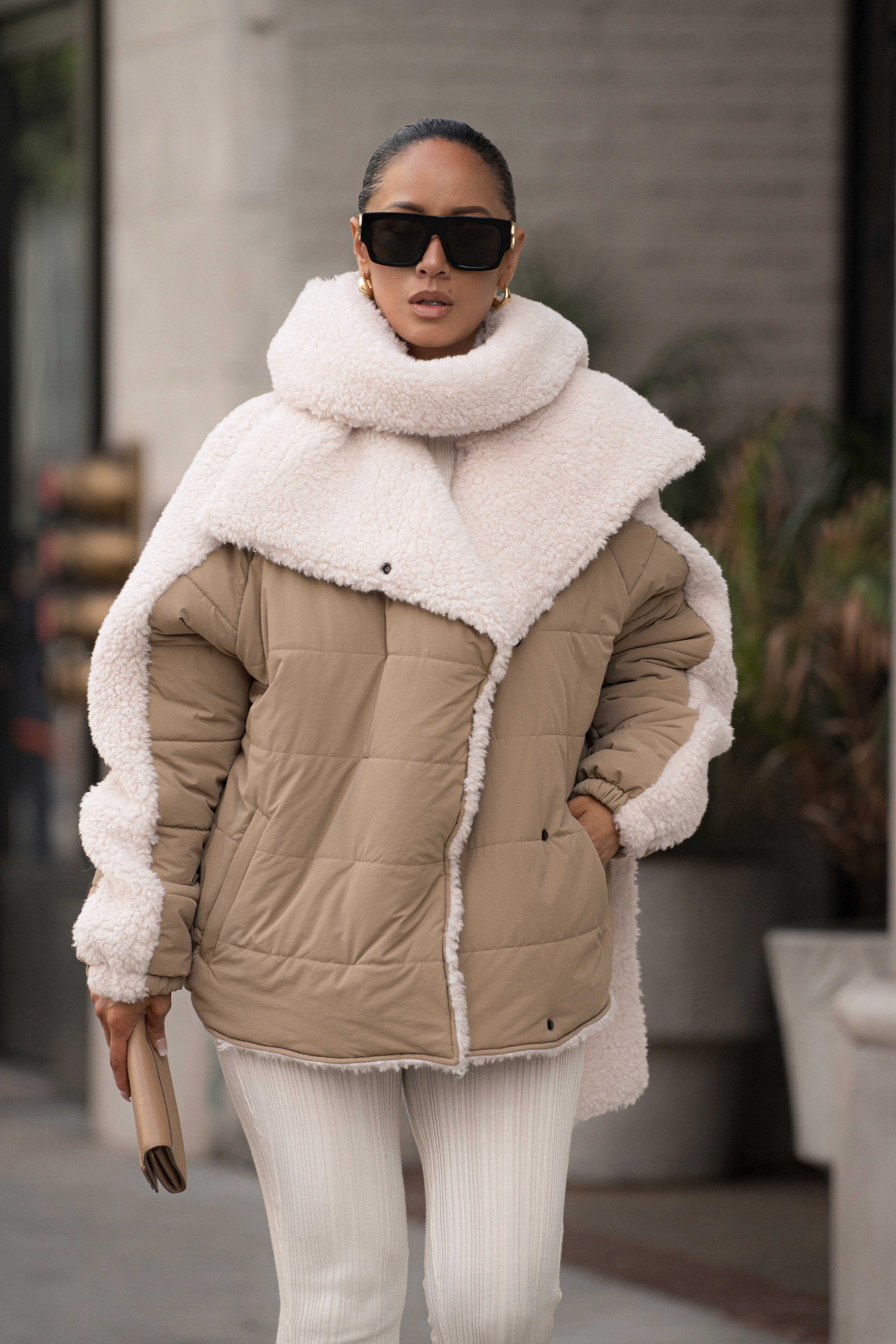 Beige/Ivory Contrast Sherpa Jacket - JLUXLABEL