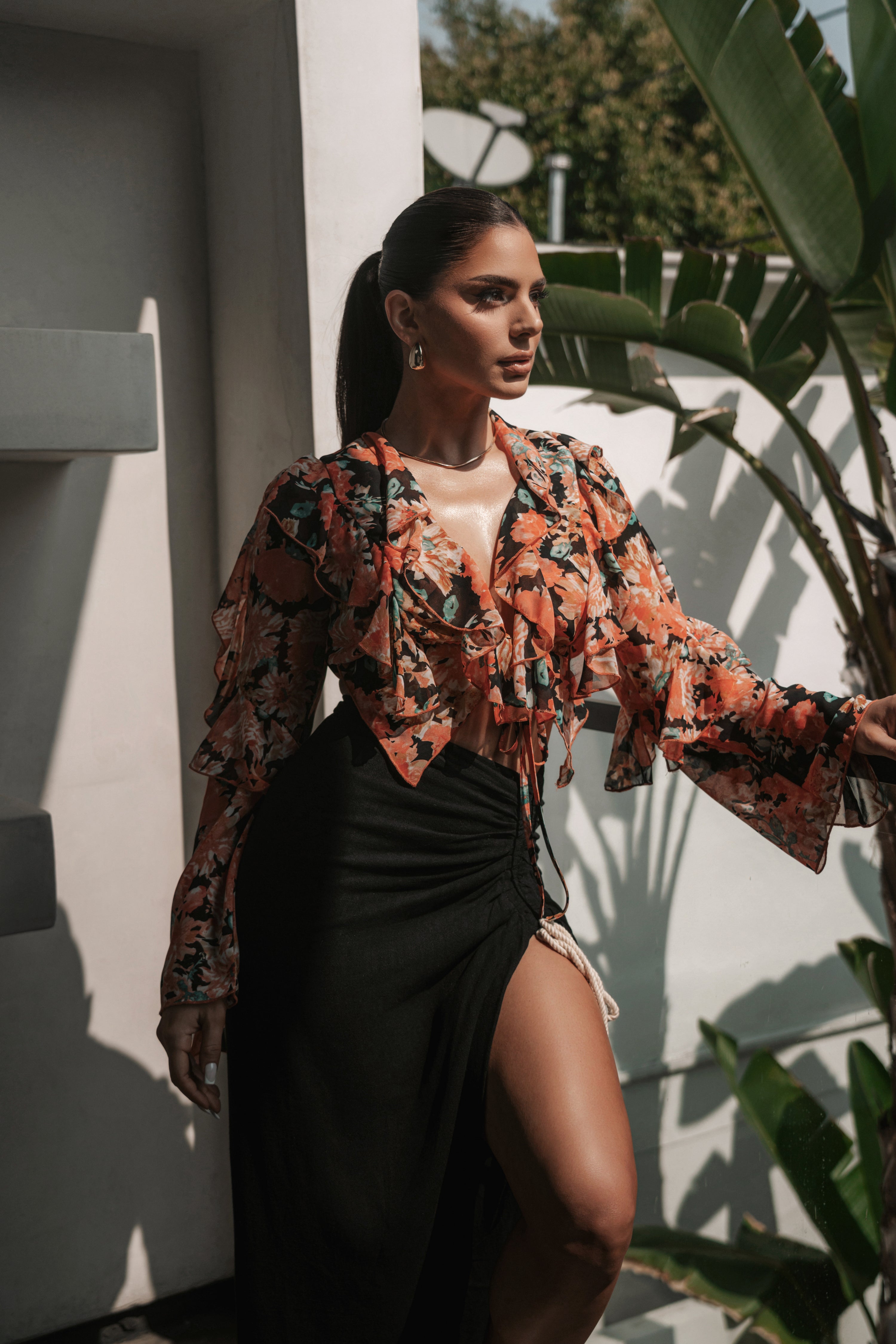 Black Floral Yvanna Ruffle Top - JLUXLABEL