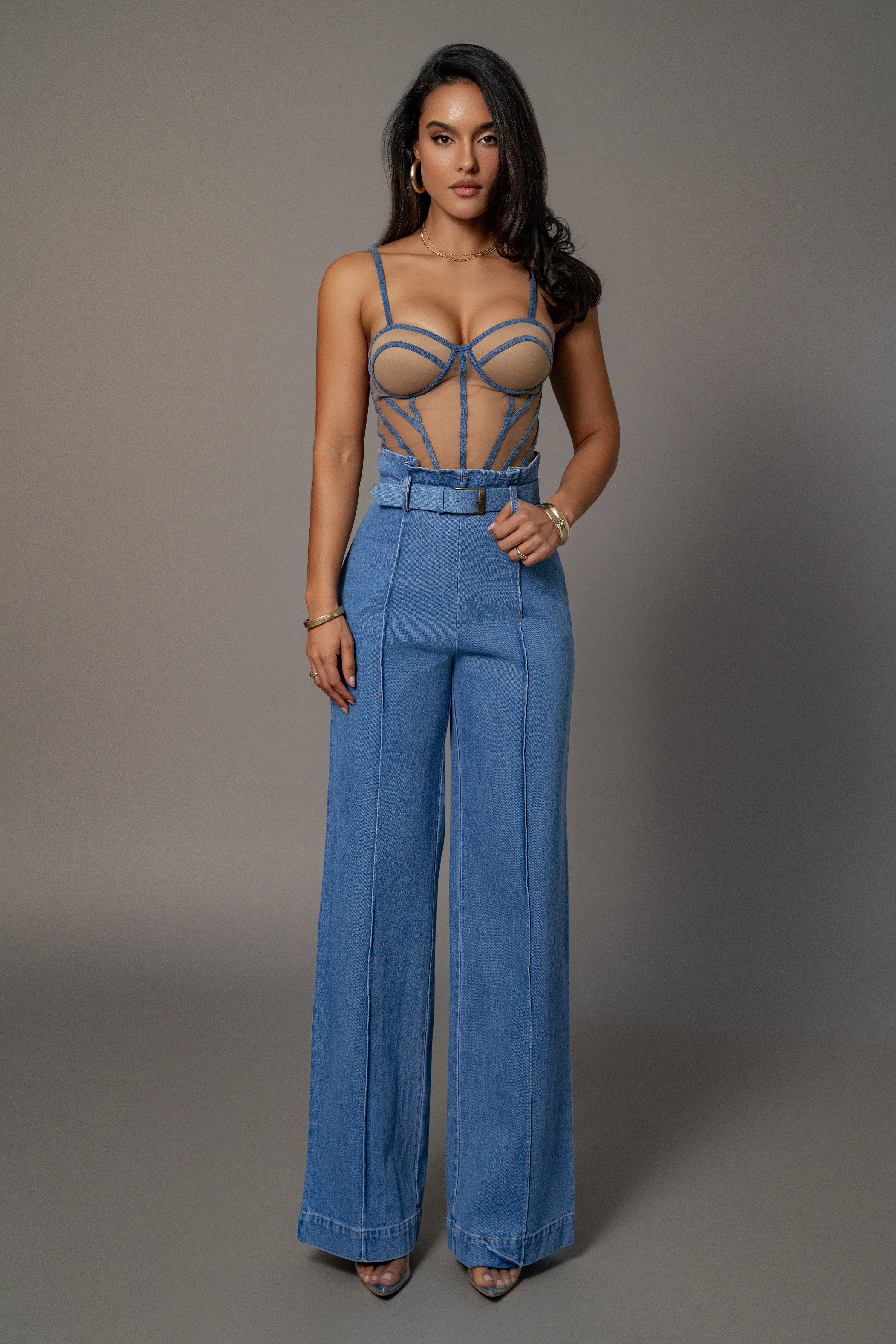 Medium Wash Denim Illusion Mesh Bustier - JLUXLABEL