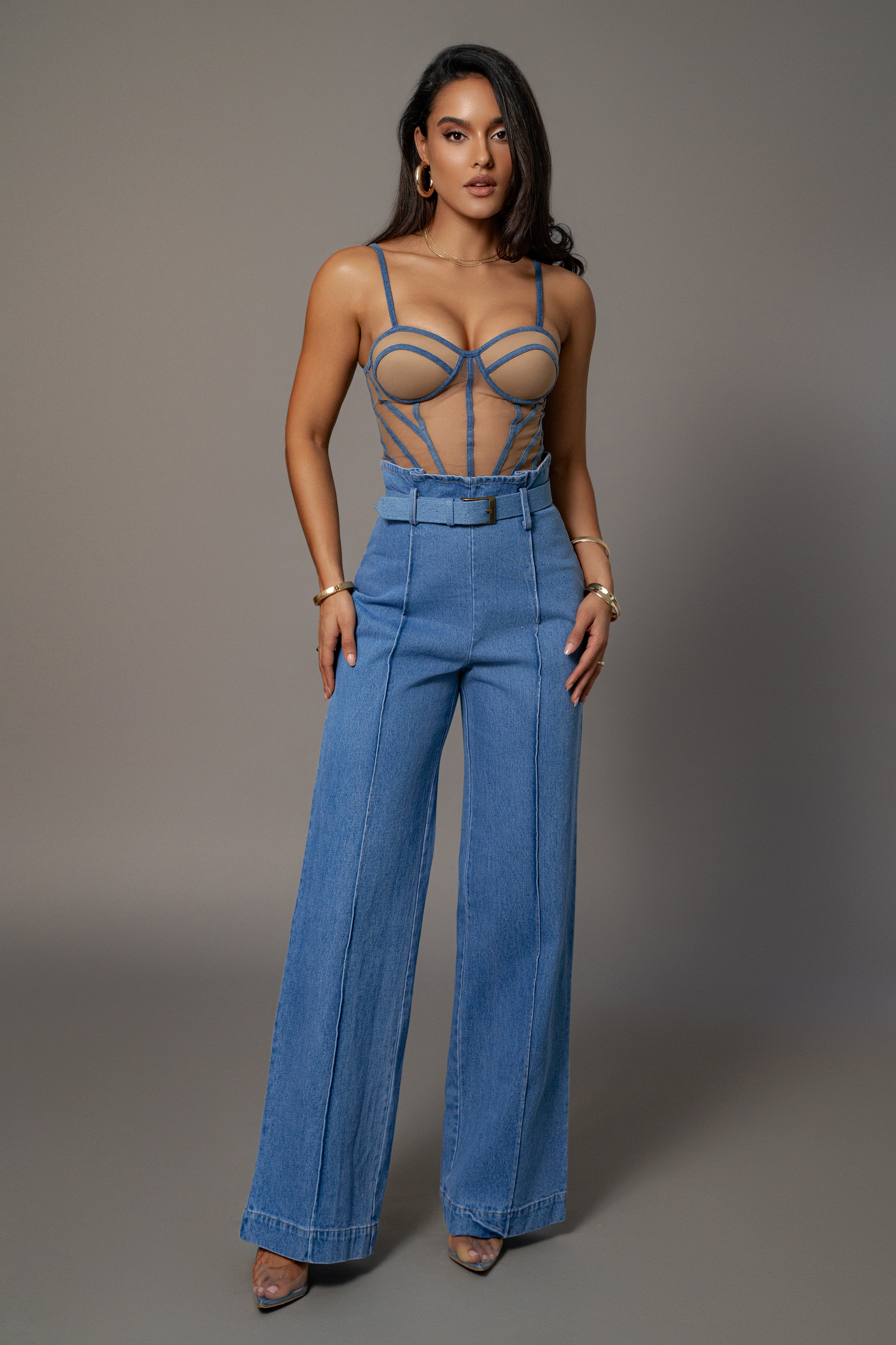 Medium Wash Denim Illusion Mesh Bustier - JLUXLABEL