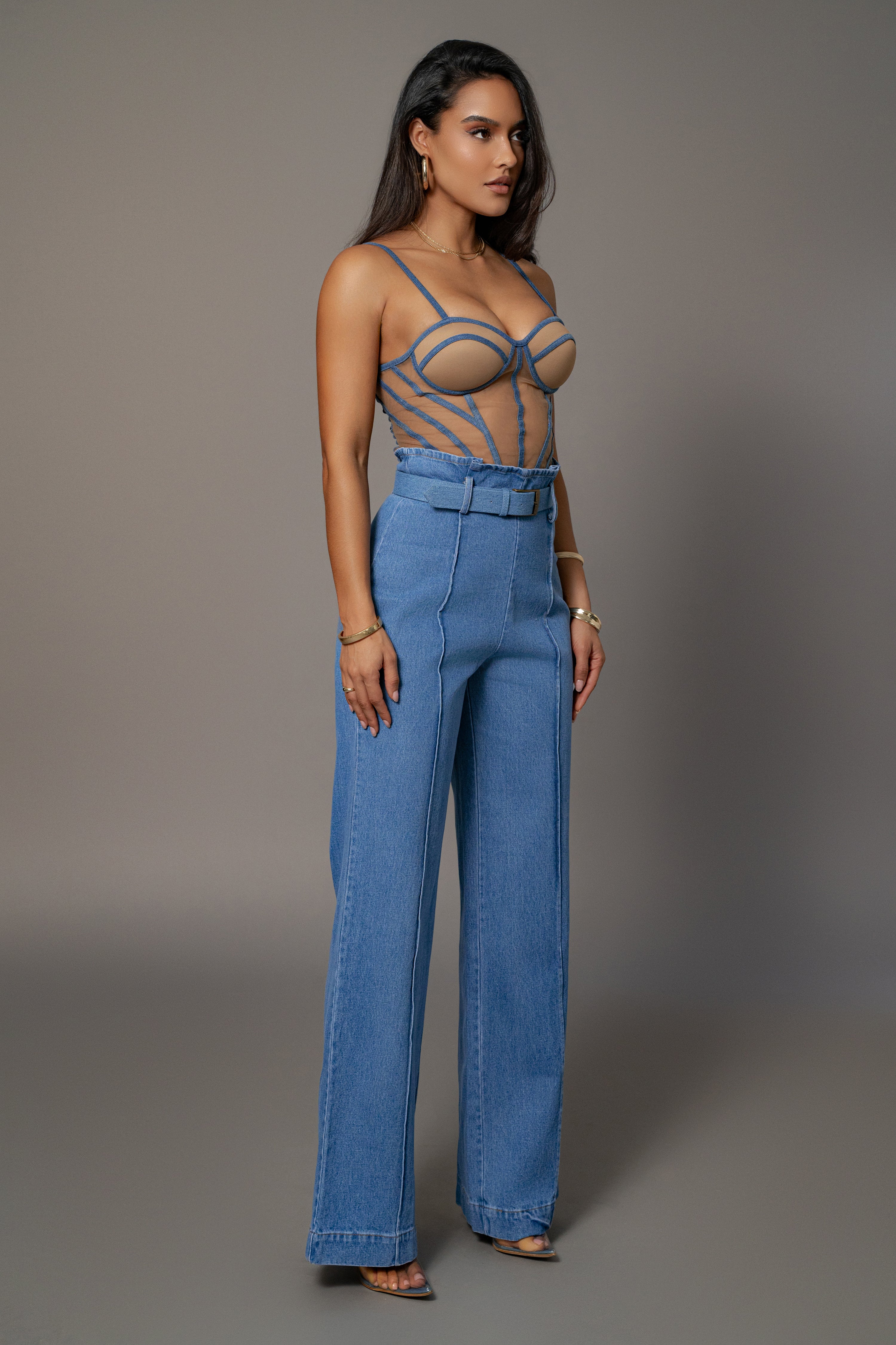 Medium Wash Denim Illusion Mesh Bustier - JLUXLABEL