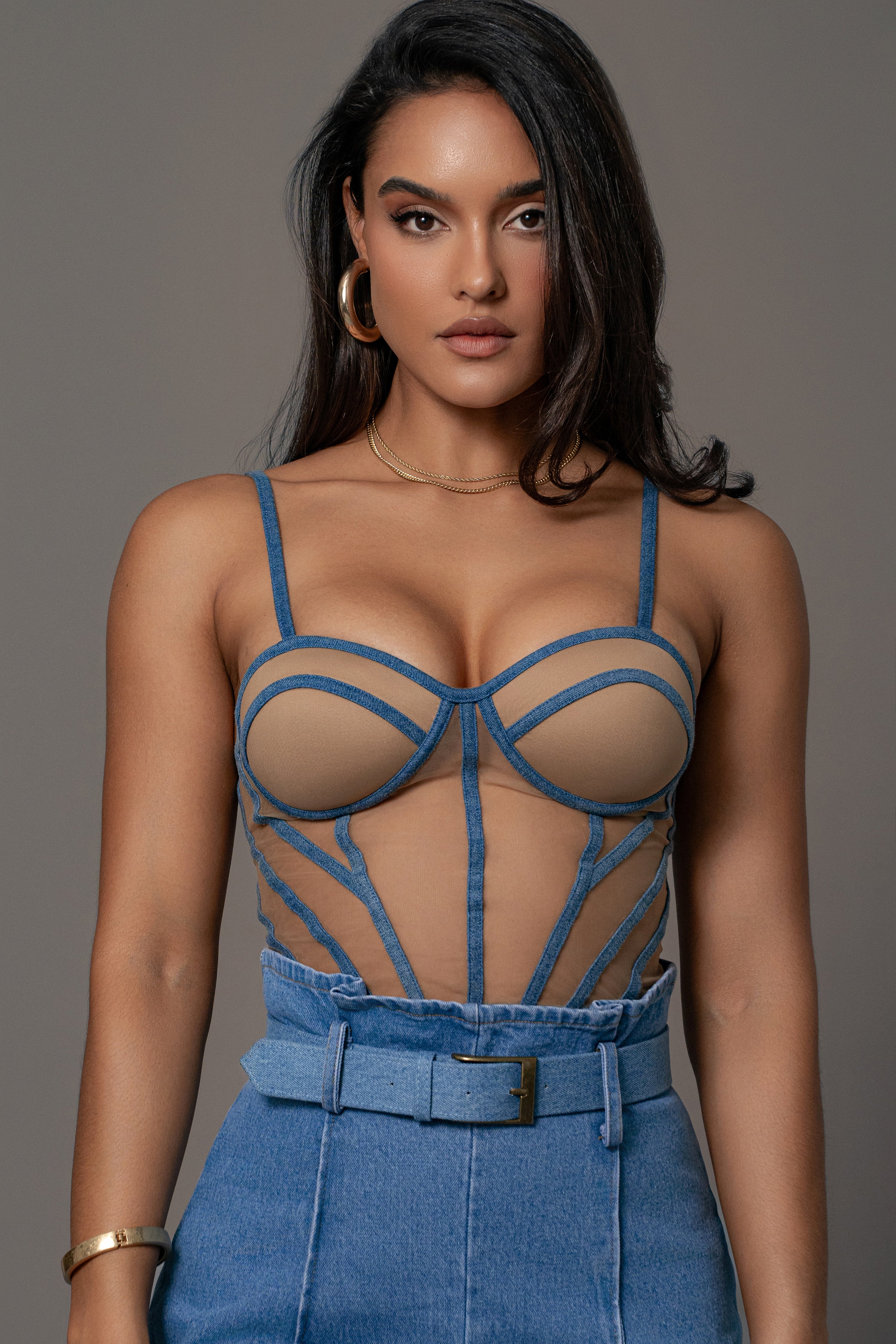 Medium Wash Denim Illusion Mesh Bustier - JLUXLABEL