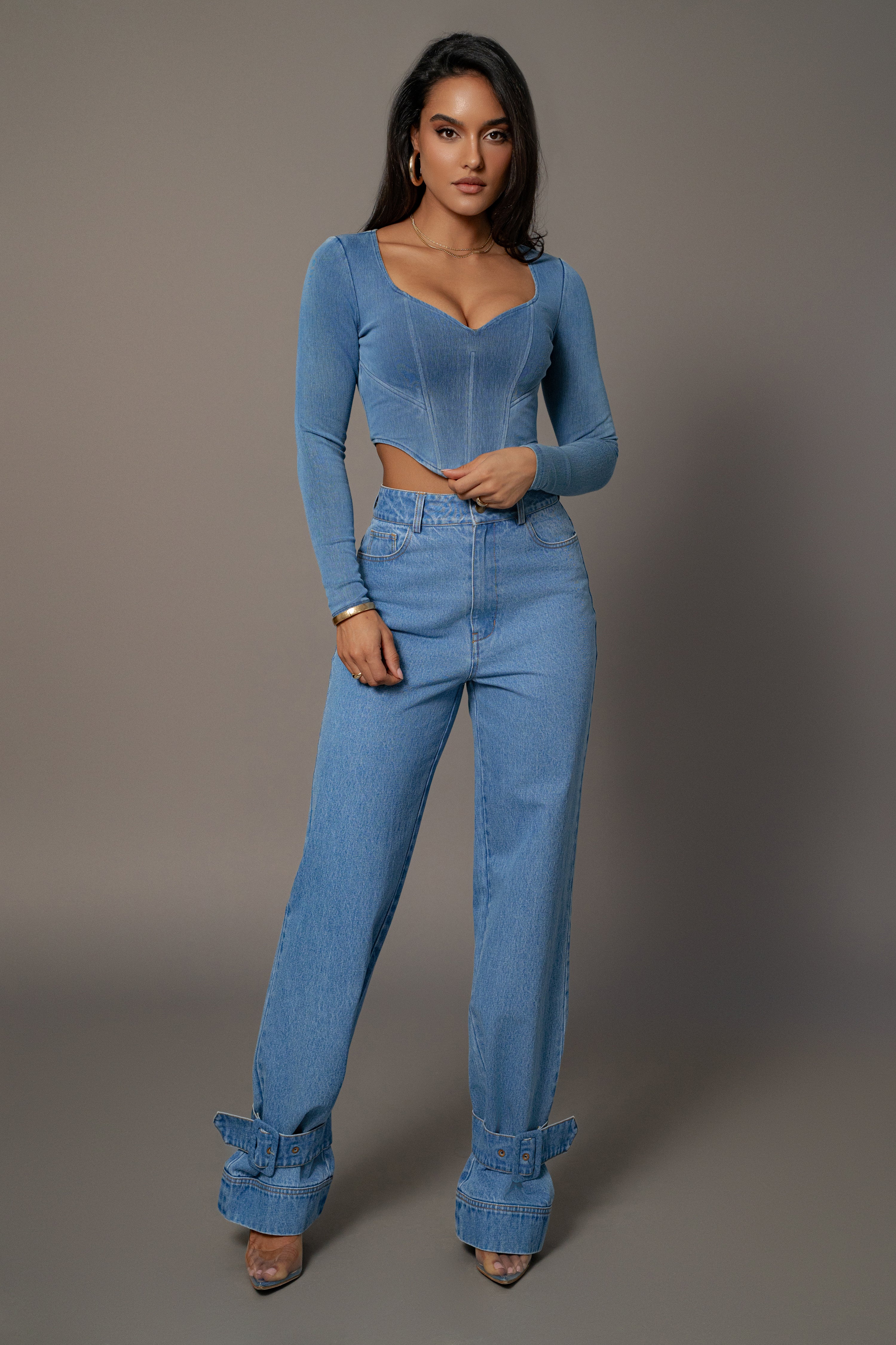 Medium Wash Tesa Sweetheart Denim Top - JLUXLABEL