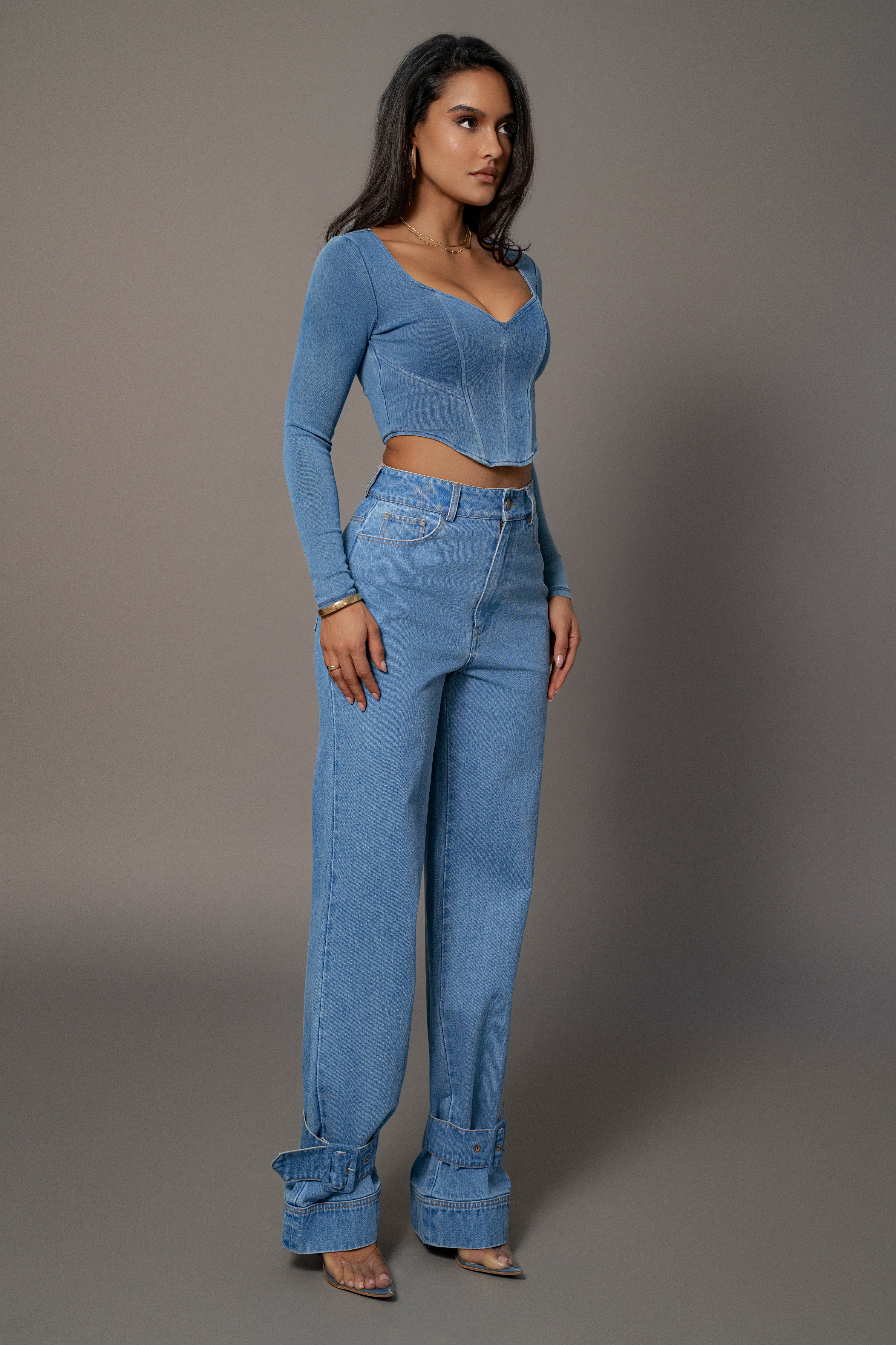 Medium Wash Tesa Sweetheart Denim Top - JLUXLABEL