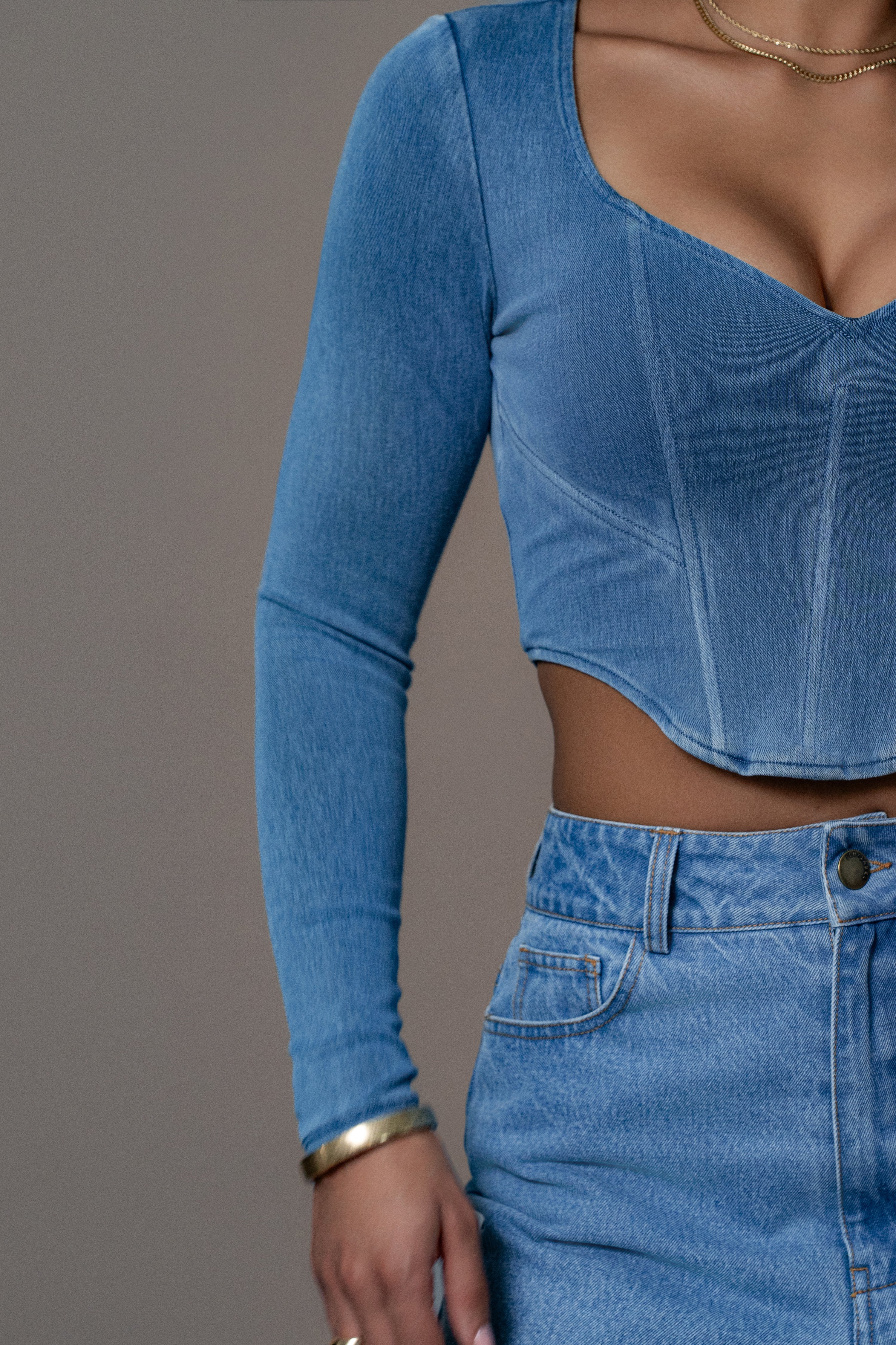 Medium Wash Tesa Sweetheart Denim Top - JLUXLABEL