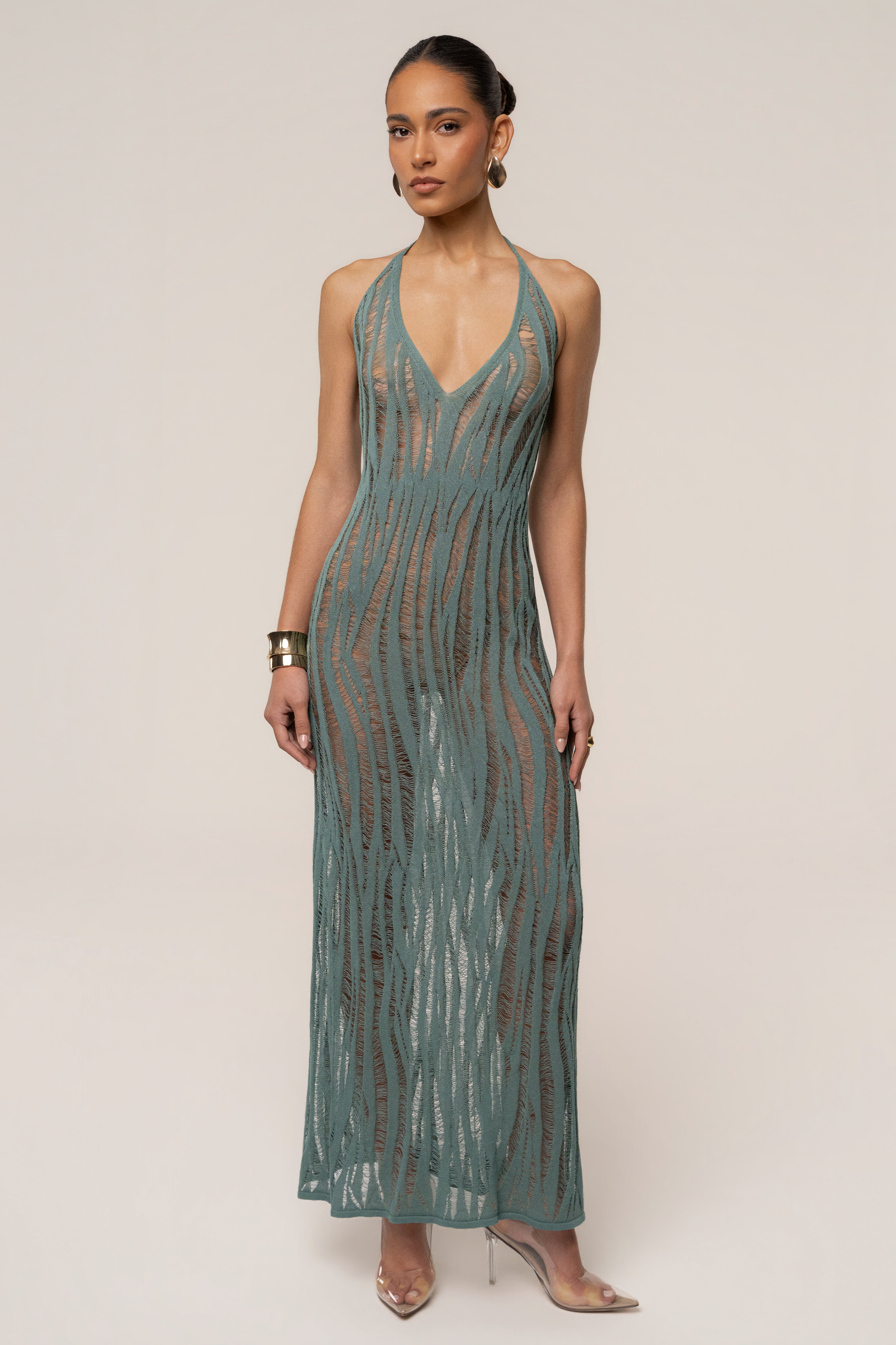 Dusty green Nocturnal Waves maxi dress by JLUXLABEL featuring flowing fabric and elegant design, perfect for stylish occasions.