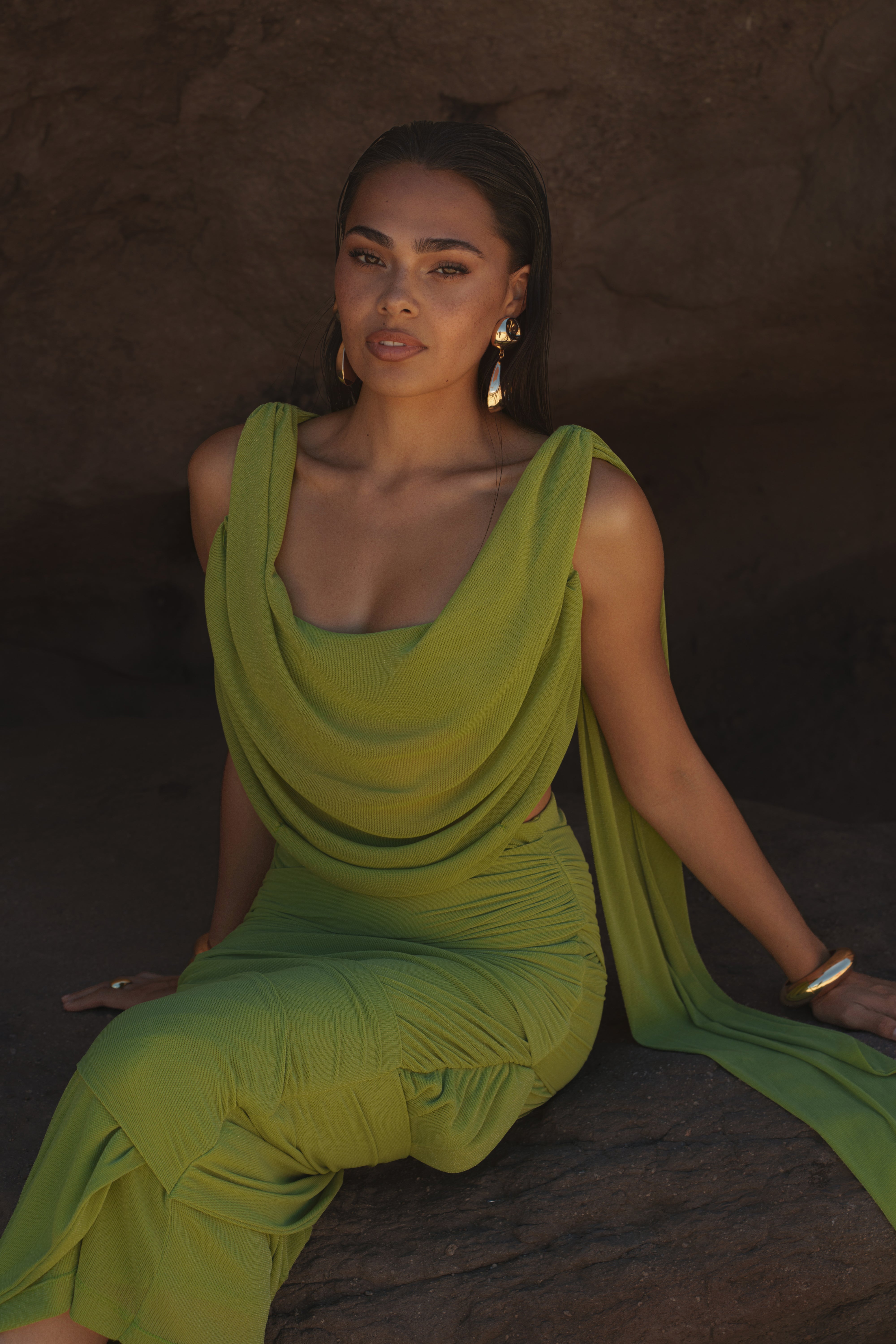 Lime Divine Drape Skirt Set