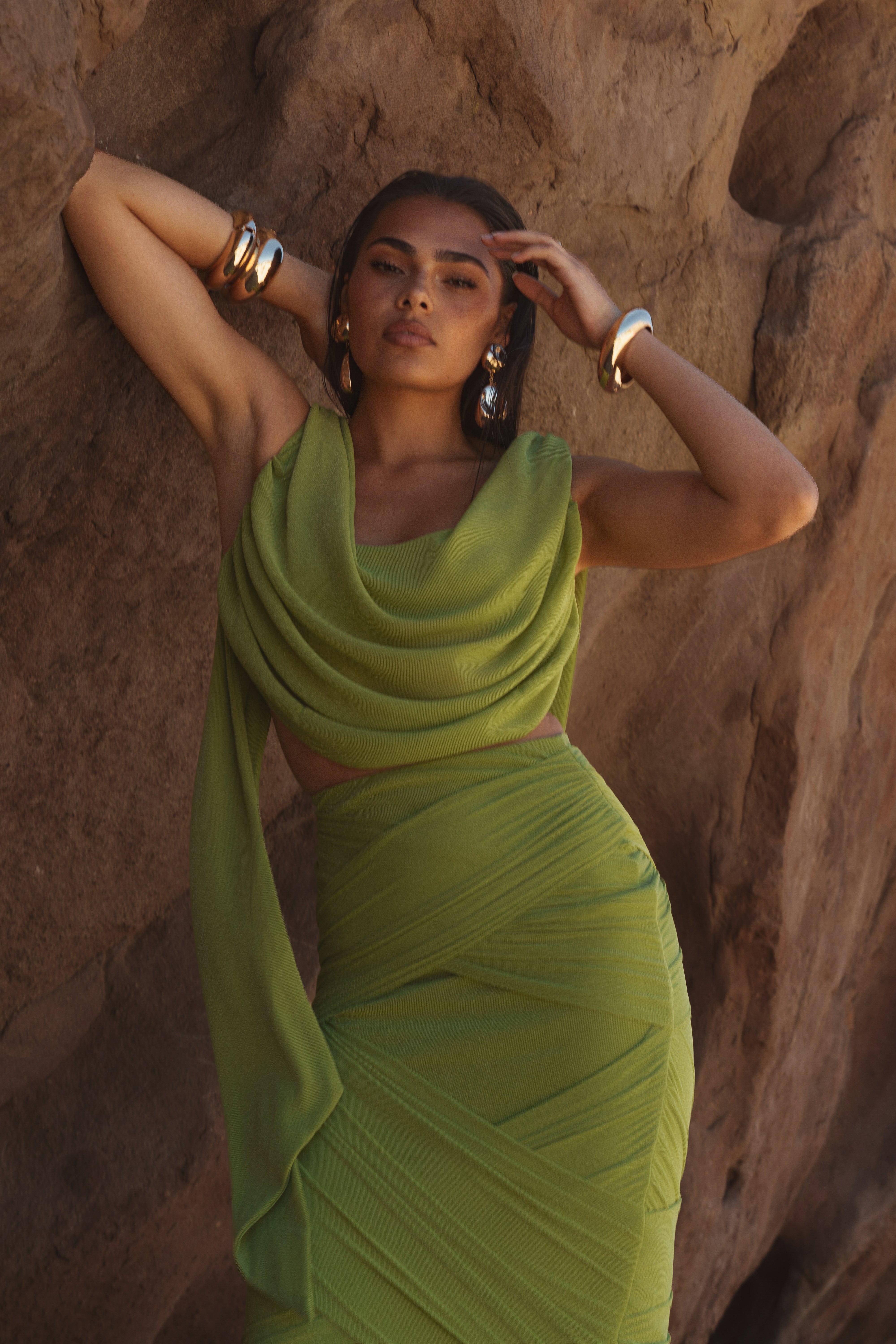 Lime Divine Drape Skirt Set
