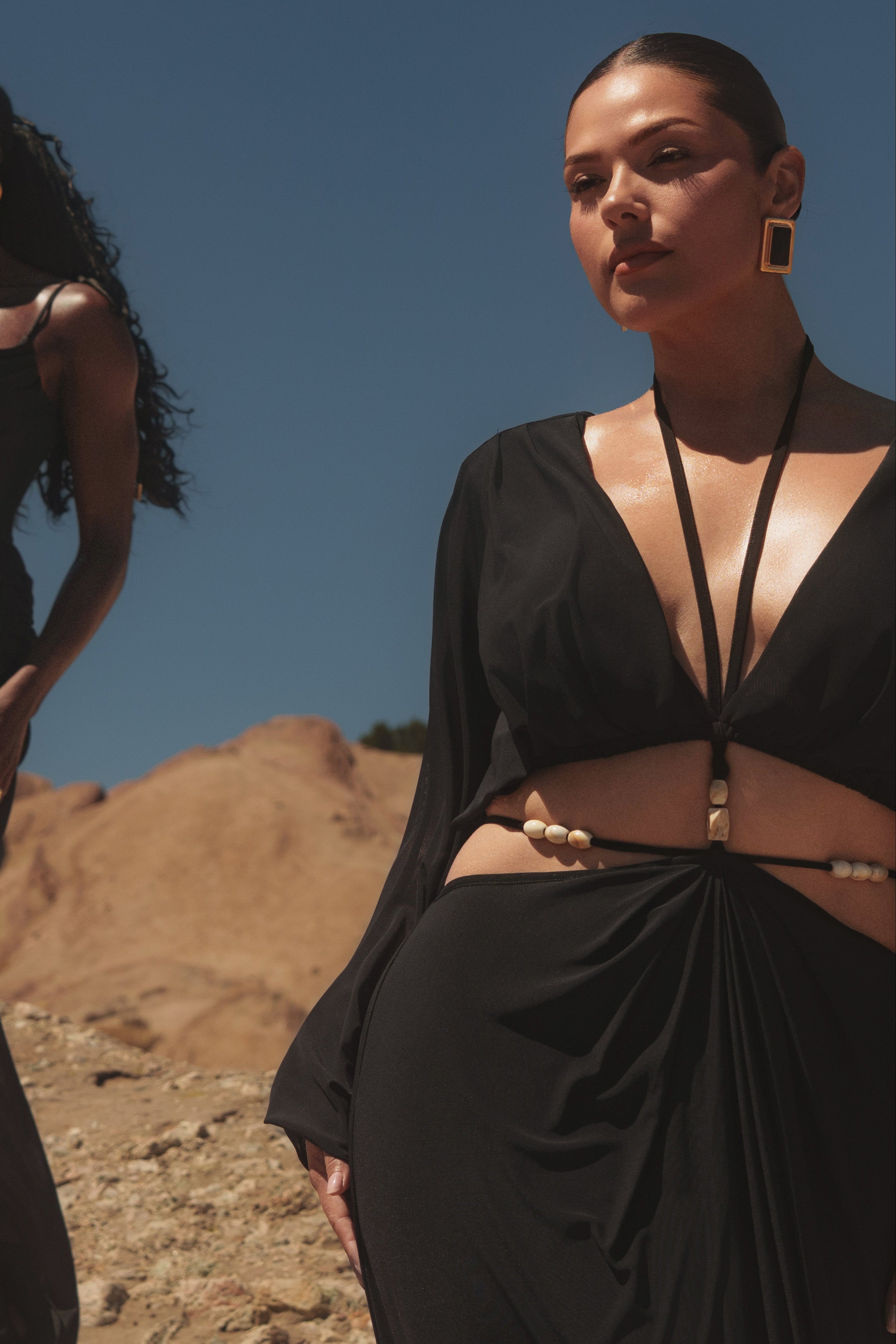 Black Selene Draped Top by JLUXLABEL, women's fashion top featuring elegant draped design and long sleeves.