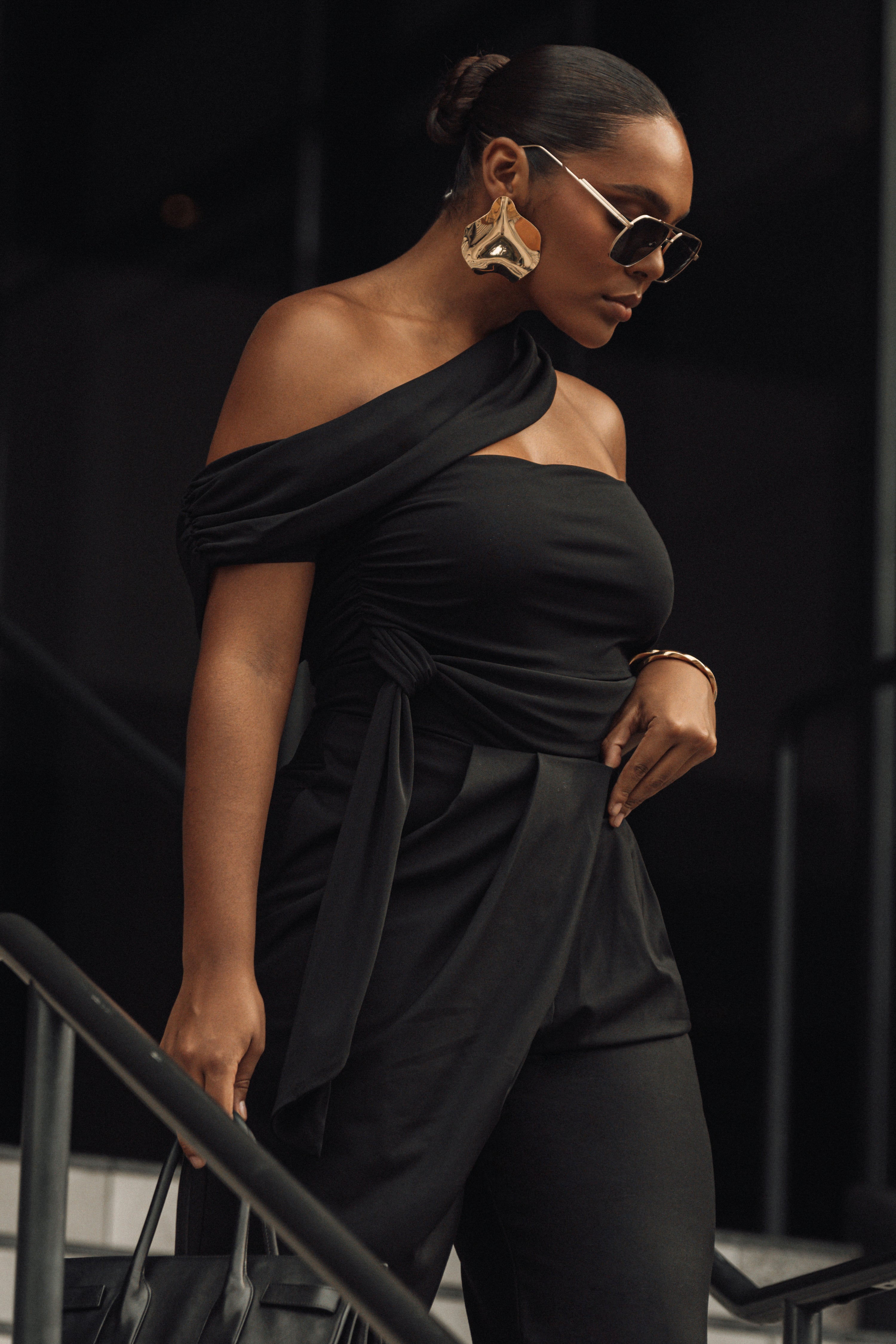 Black Above All Drape Bodysuit - JLUXLABEL