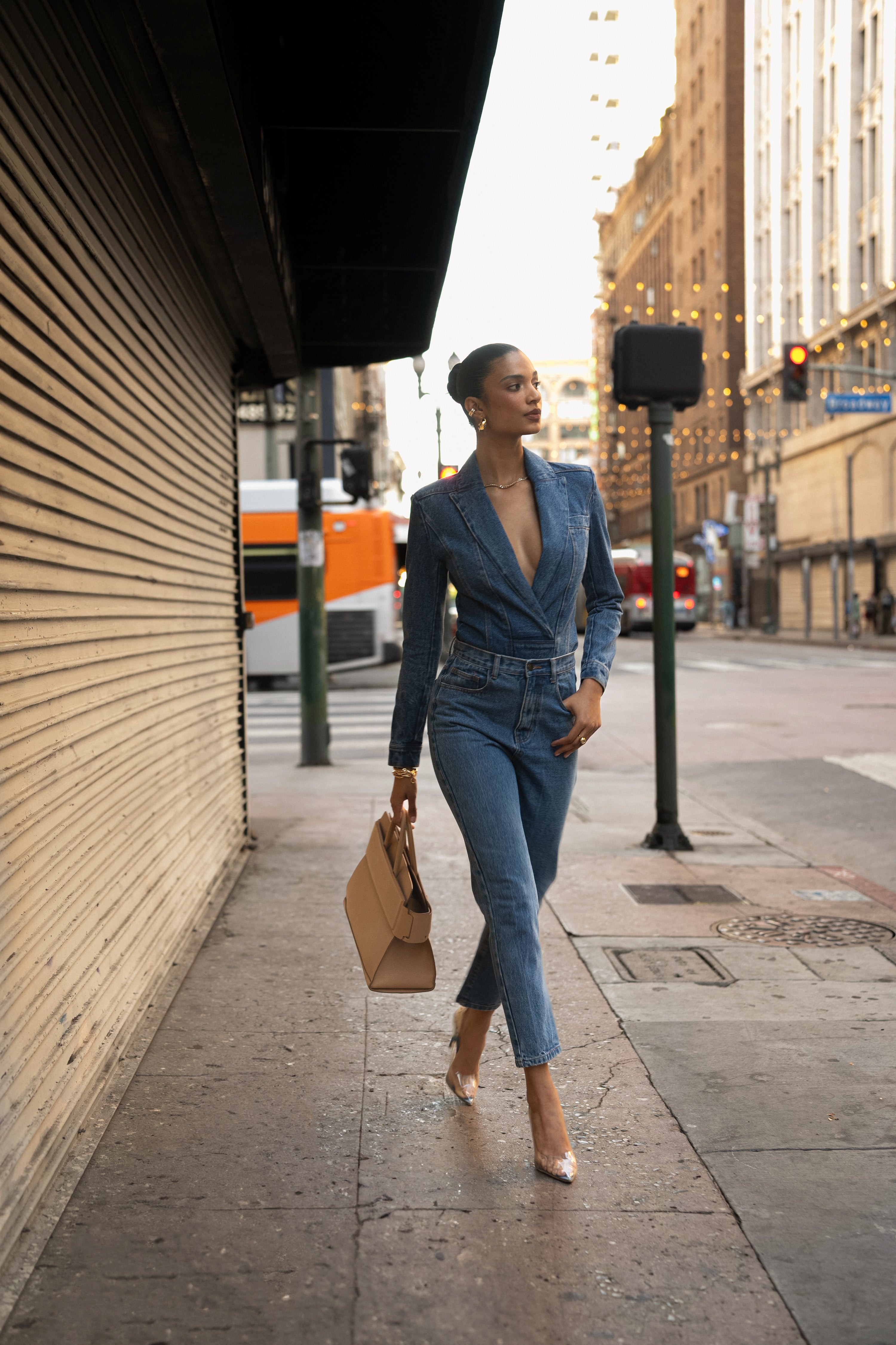 Medium Wash Dominica Structured Denim Bodysuit - JLUXLABEL