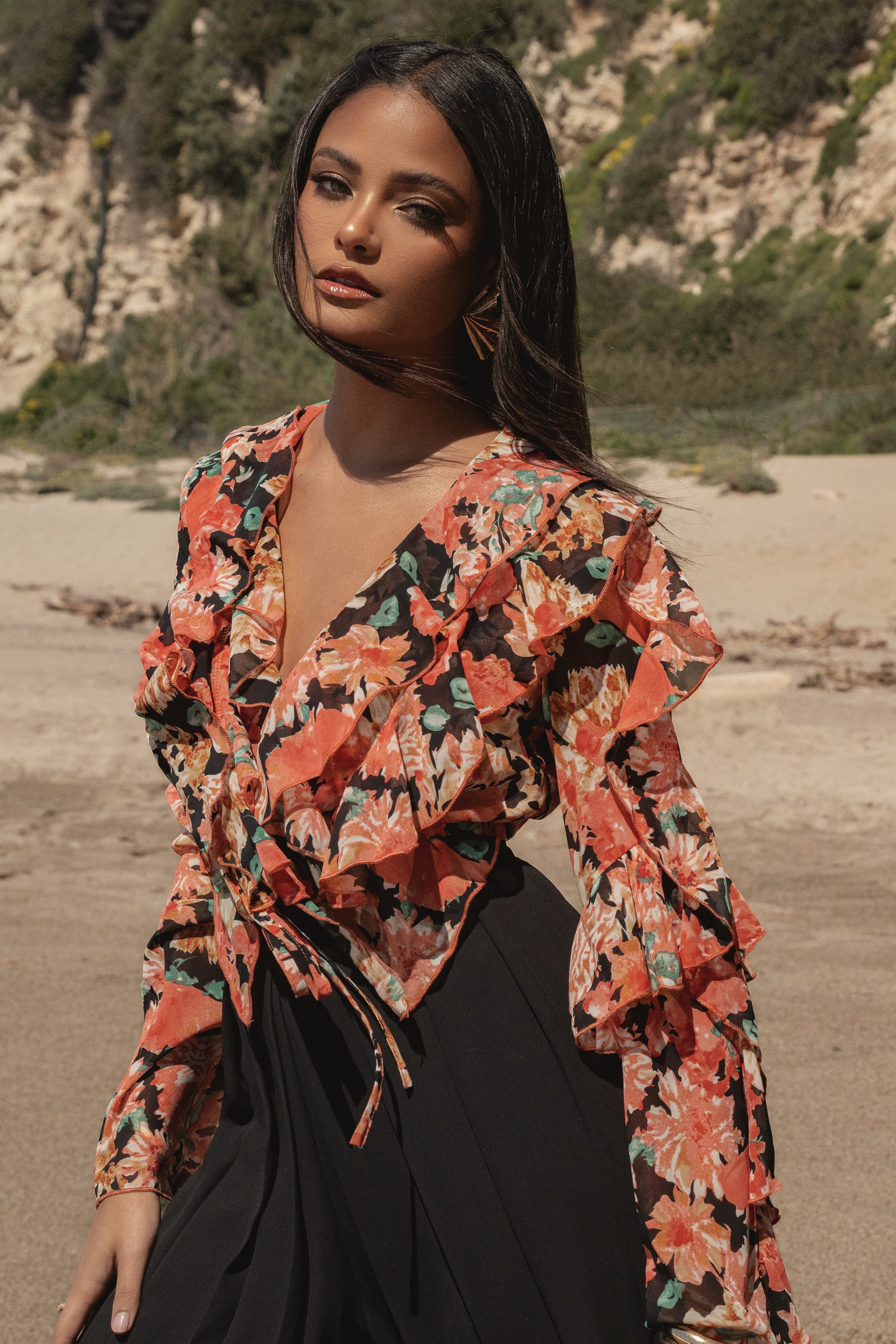 Black Floral Yvanna Ruffle Top - JLUXLABEL