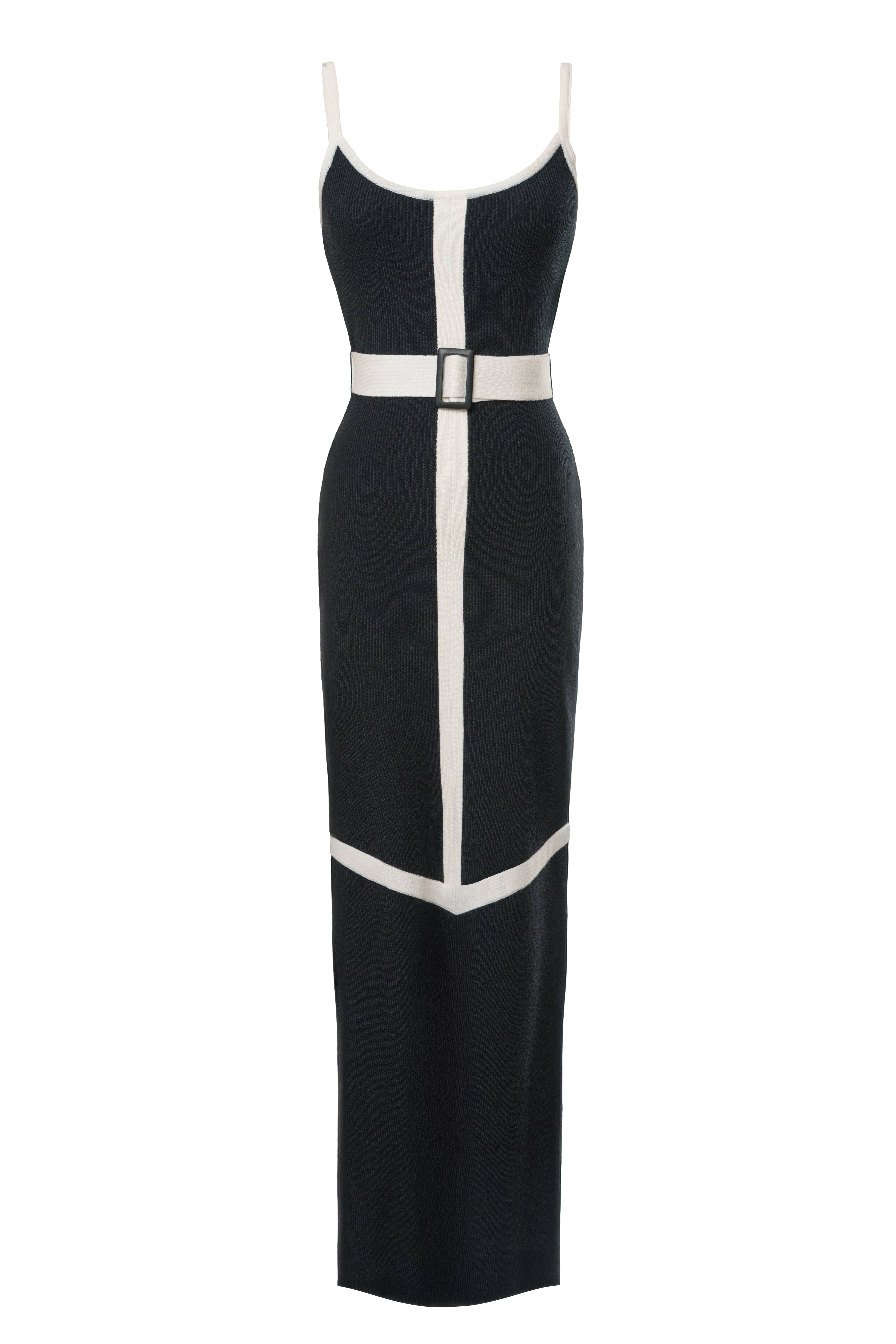 Black/Ivory Belted Cami Maxi Dress - JLUXLABEL
