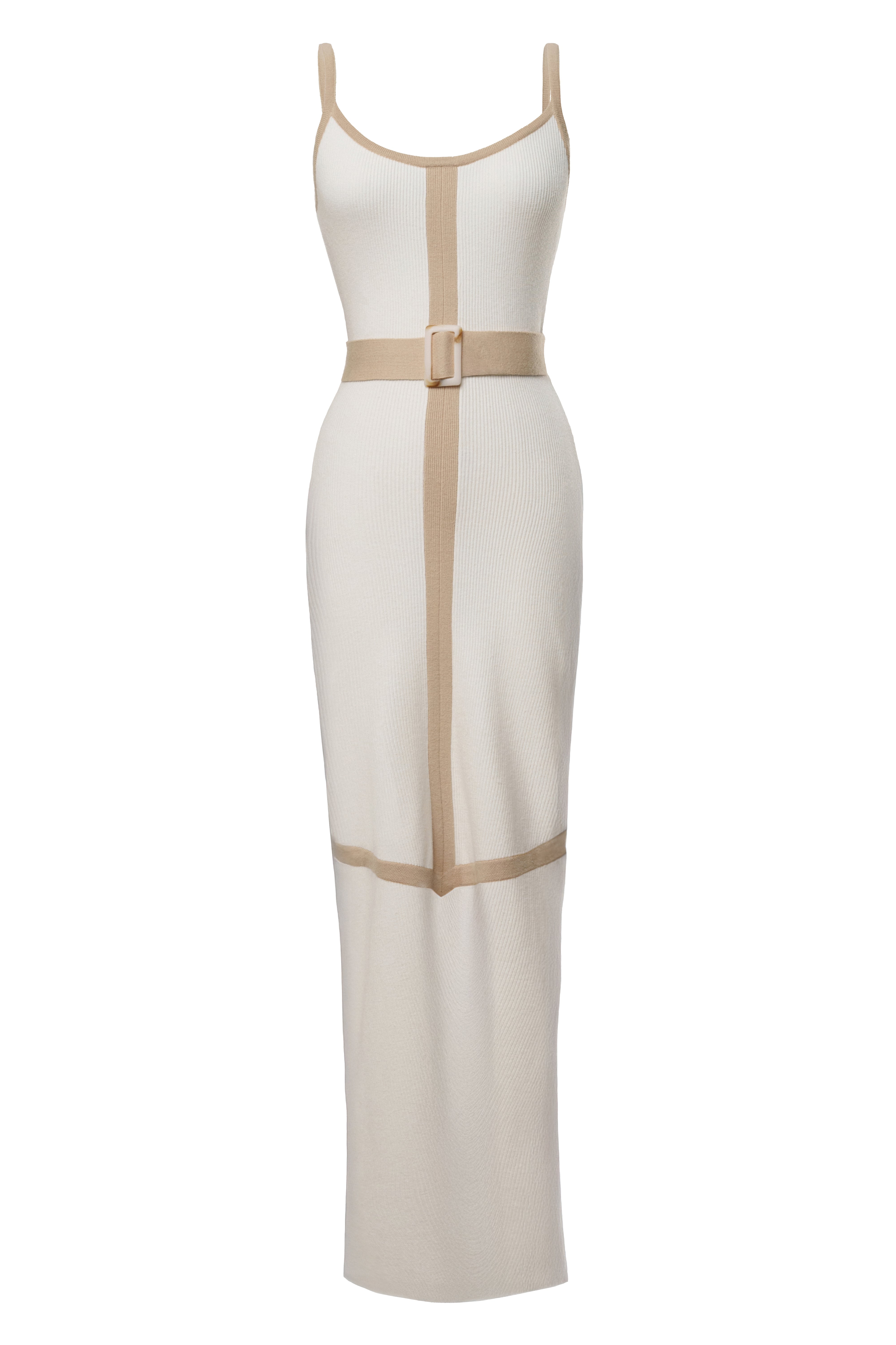 Ivory/Beige Belted Cami Maxi Dress - JLUXLABEL