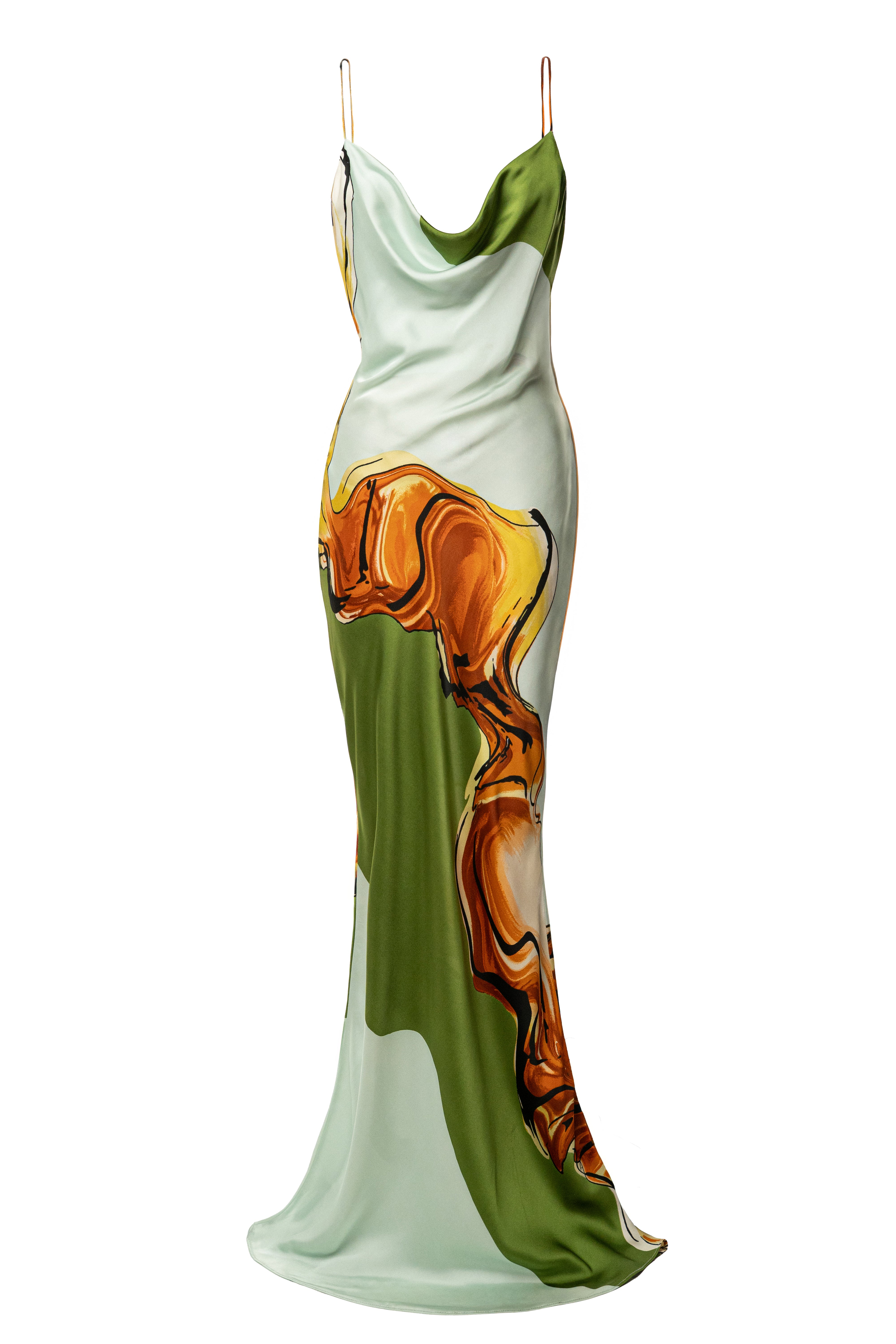 Green Tropical Print Golden Touch Satin Dress - JLUXLABEL