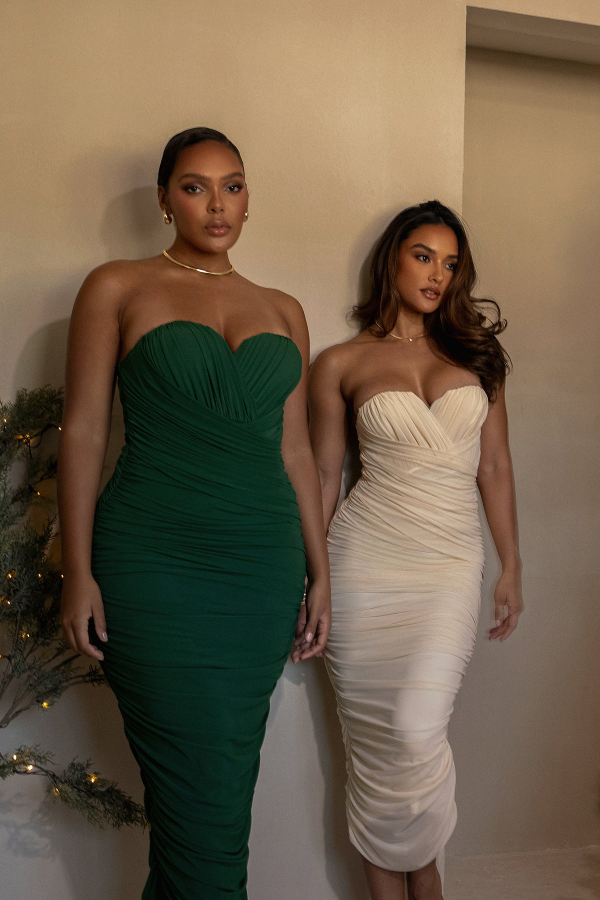 JLUXLABEL Cream Arcadia Mesh Midi Dress featuring a fitted silhouette and elegant mesh fabric for versatile holiday wear.