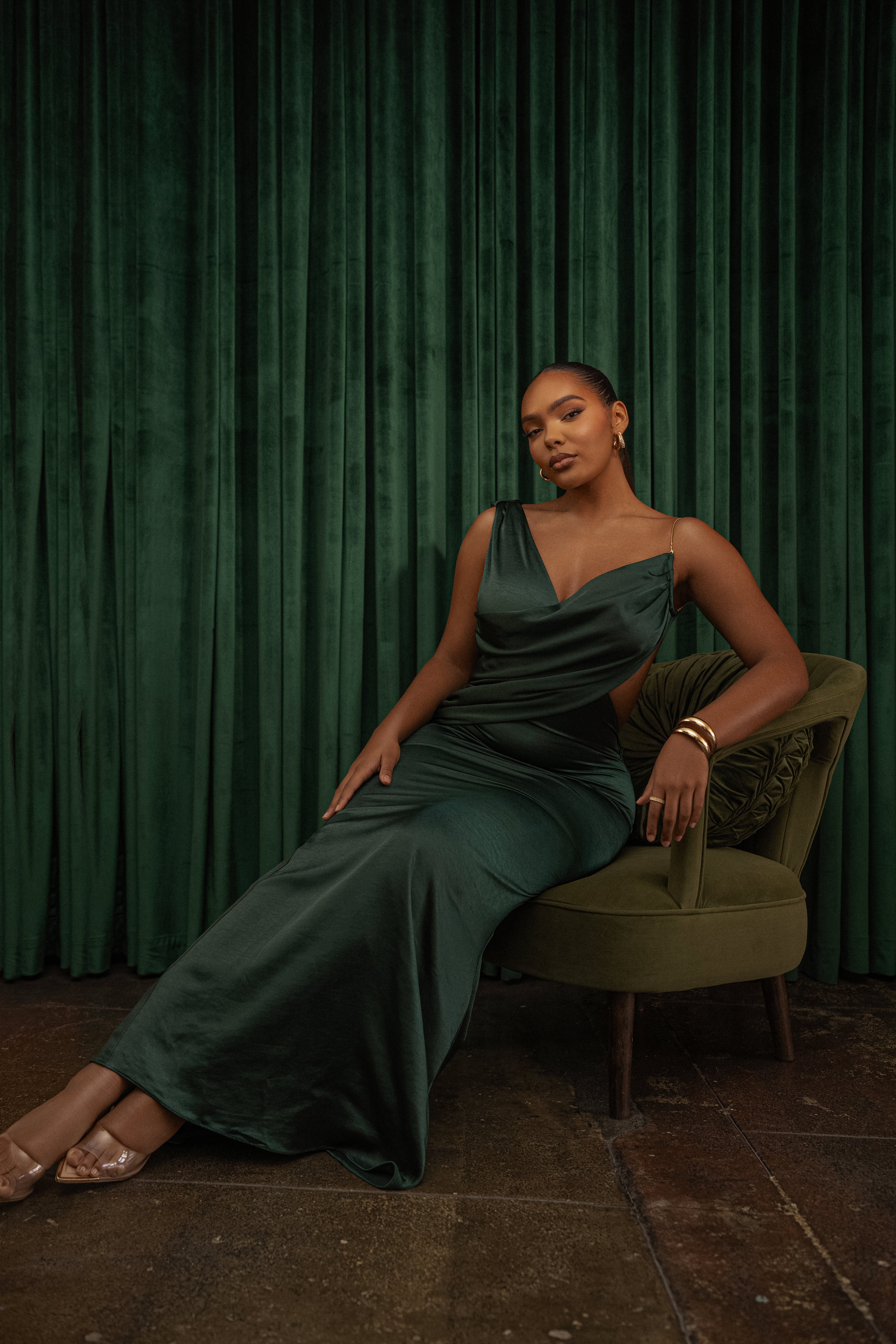 Green Satin Belle Maxi Dress - JLUXLABEL