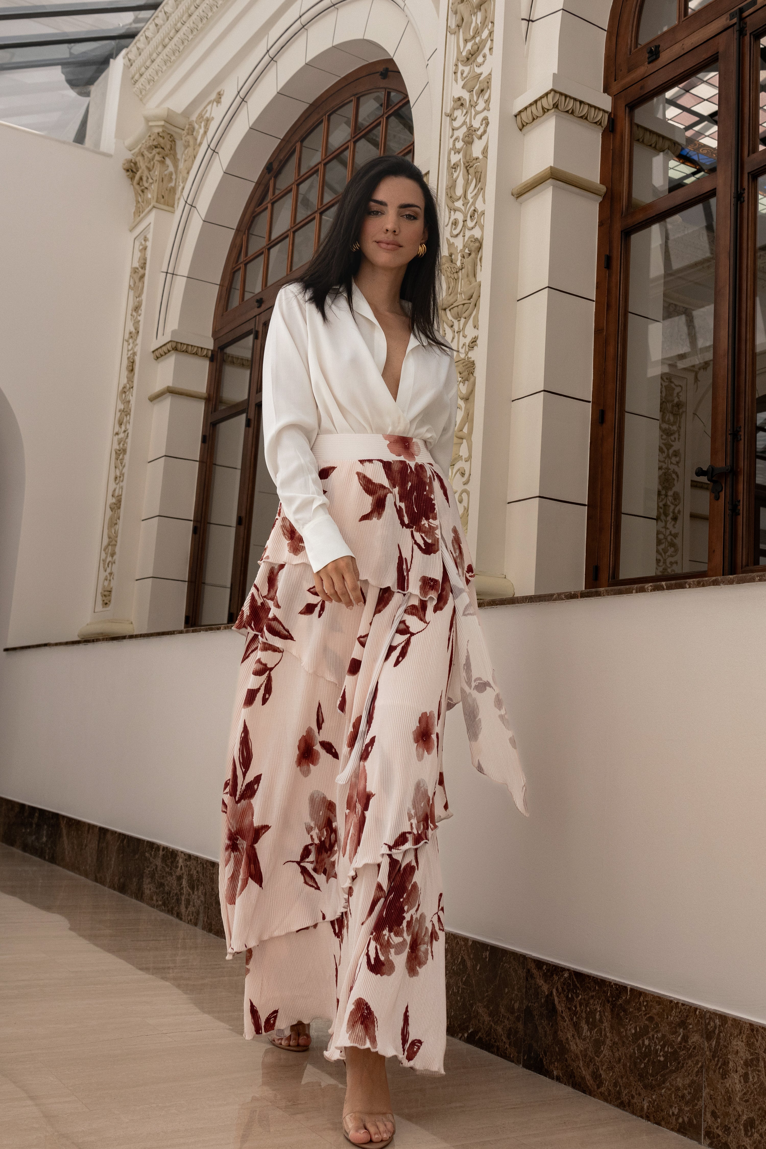 Cream Floral Kamira Tiered Skirt - JLUXLABEL