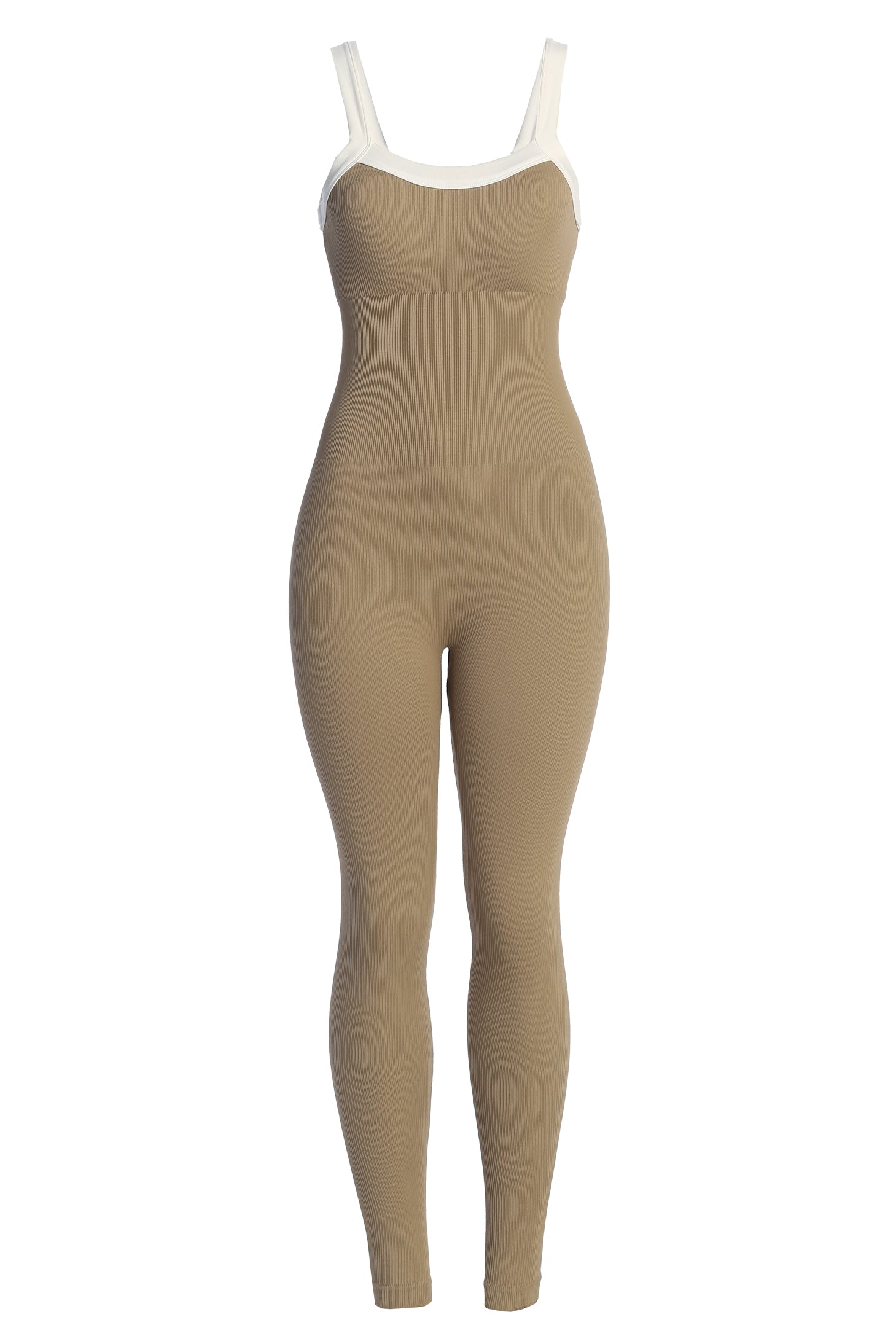 Beige/White Core Ribbed Jumpsuit - JLUXLABEL