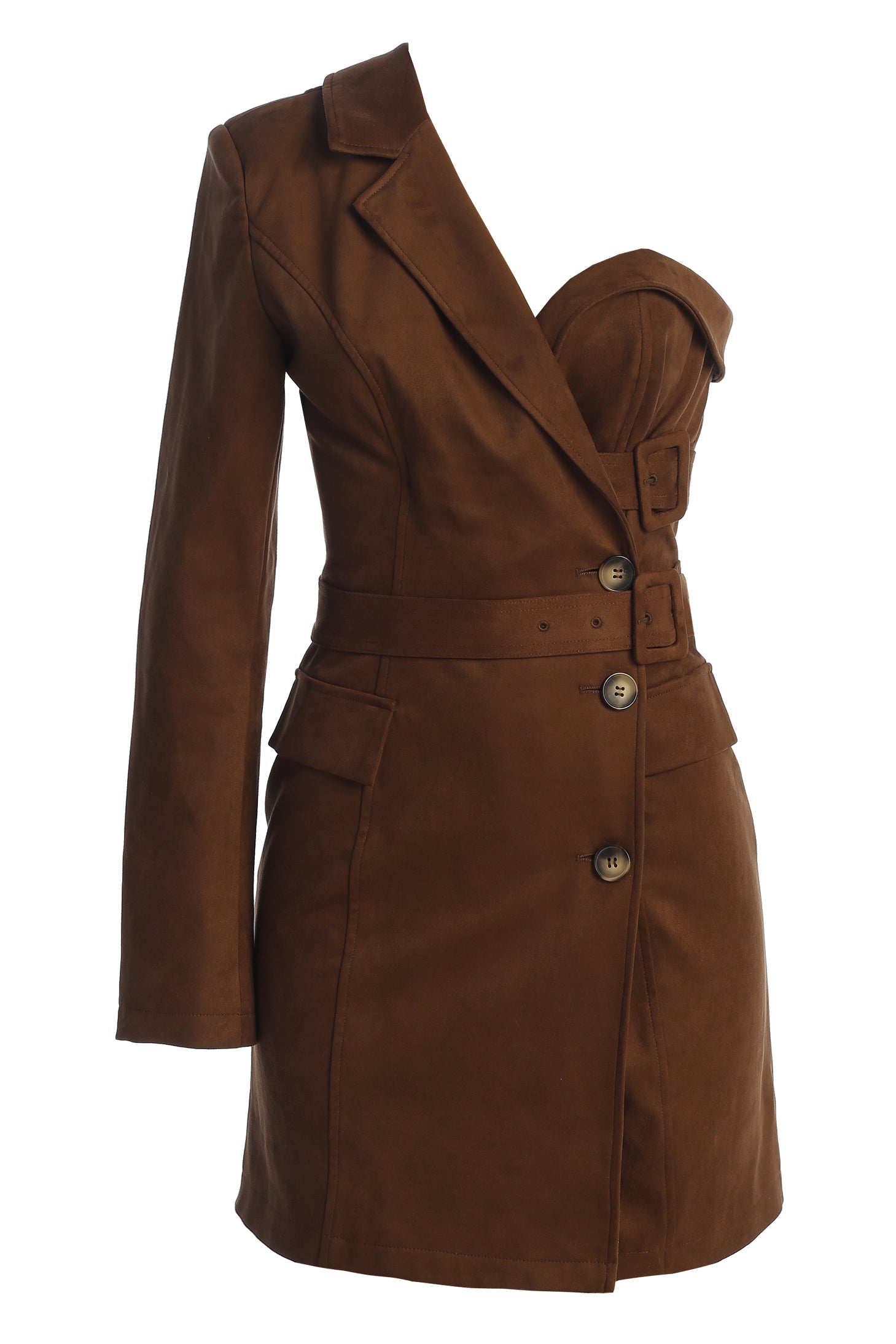 Chocolate One Shoulder Suede Blazer Dress - JLUXLABEL