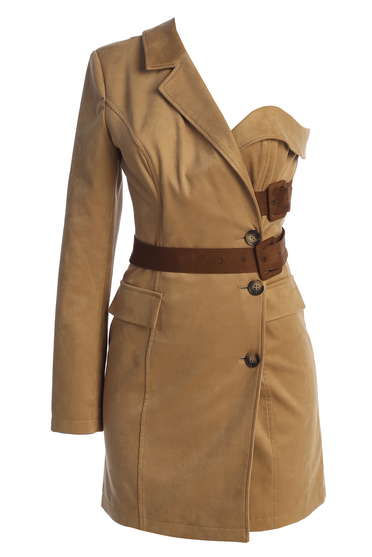 Beige One Shoulder Suede Blazer Dress - JLUXLABEL
