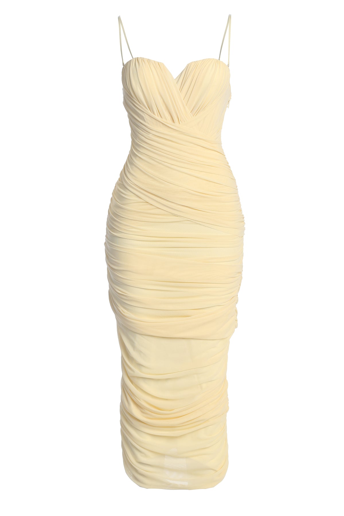 Cream Arcadia Mesh Midi Dress by JLUXLABEL featuring a fitted silhouette and lightweight mesh fabric, stylish and elegant for any occasion.