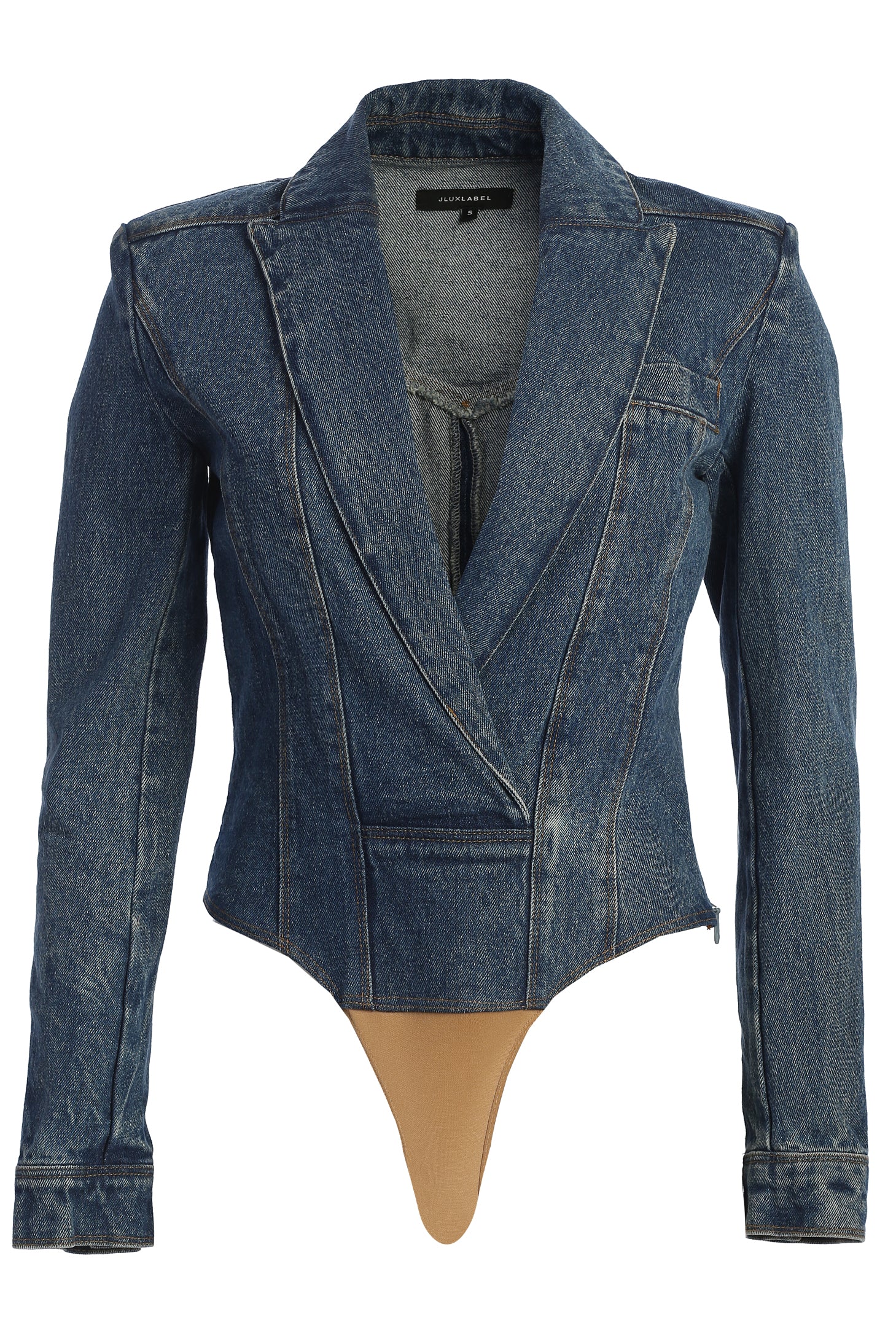 Medium Wash Dominica Structured Denim Bodysuit - JLUXLABEL