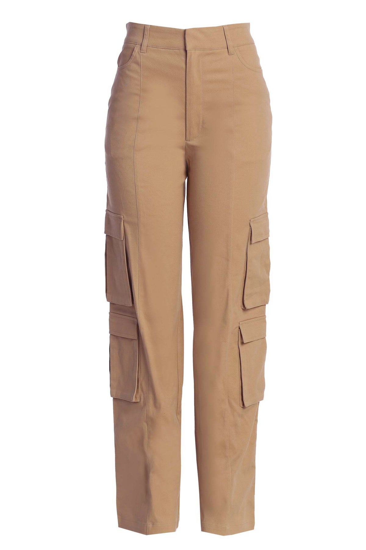 JLUXLABEL Khaki Double Take Cargo Pants, stylish bottoms with multiple pockets and a comfortable fit, shown on a model.