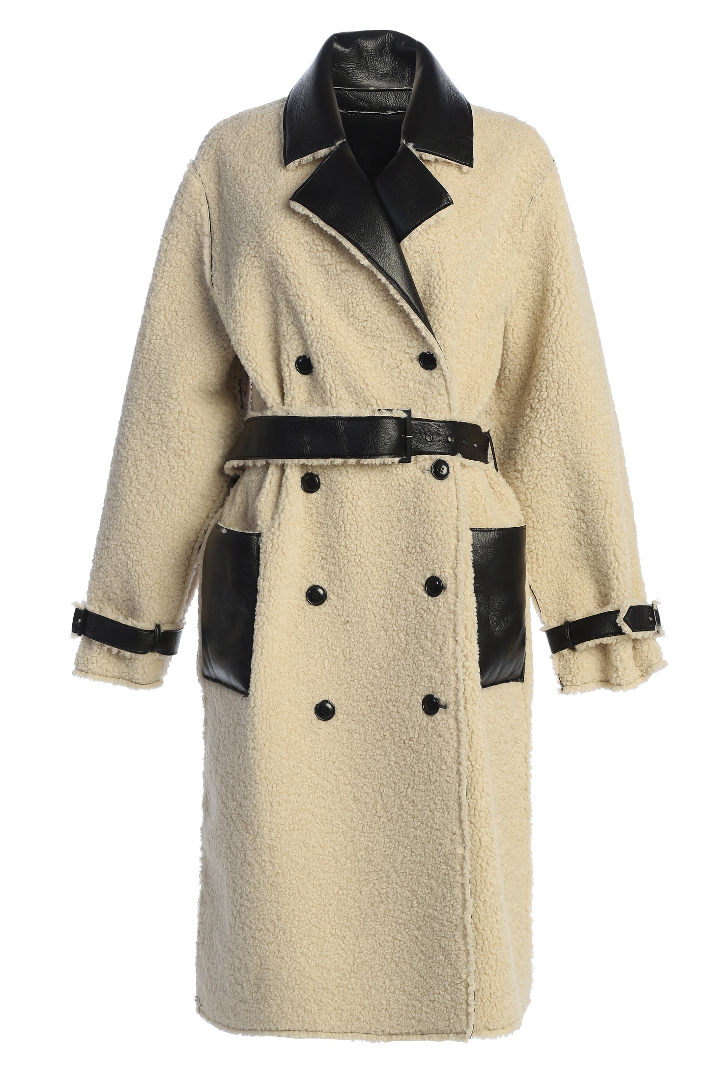 Black/Ivory Sherpa And Faux Leather Coat - JLUXLABEL
