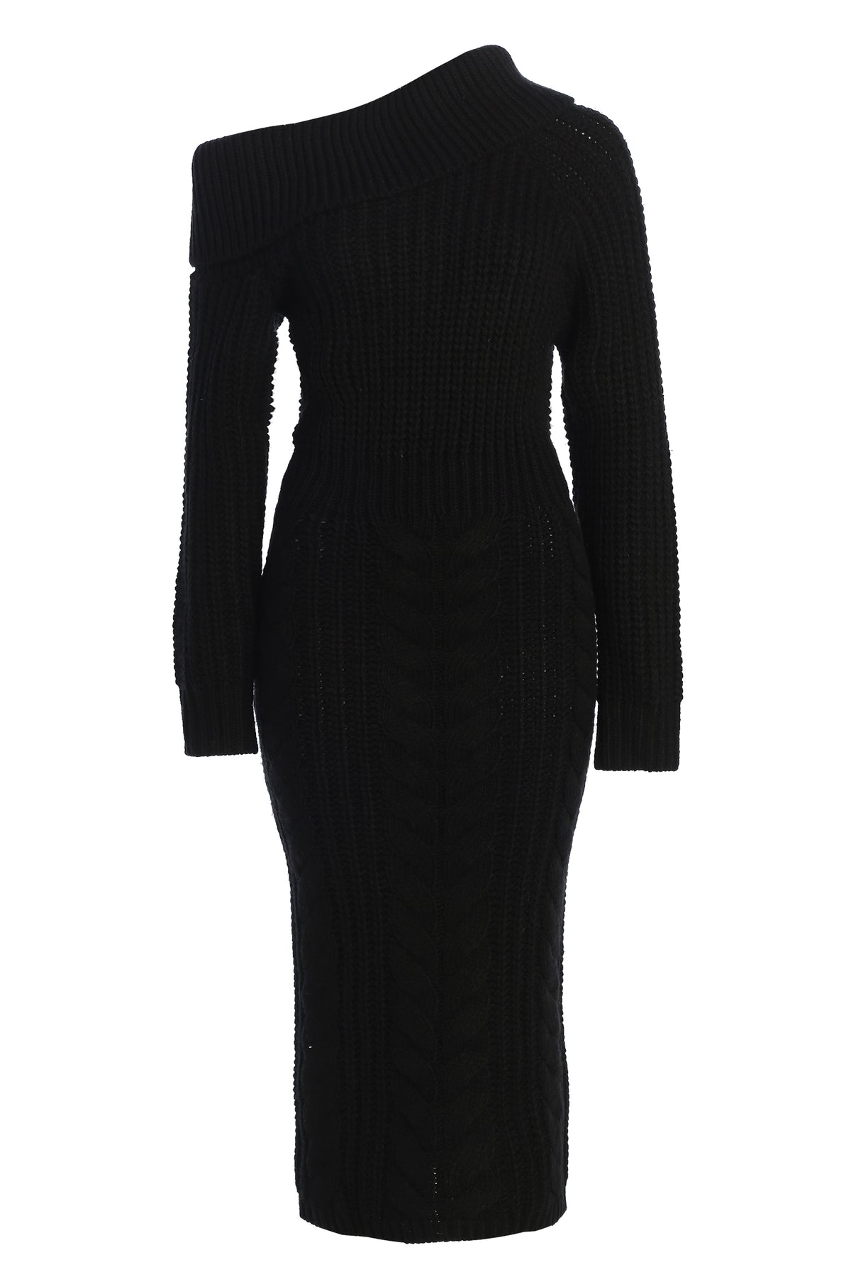 Black Monette cable knit dress by JLUXLABEL, featuring a cozy, fitted cable knit design with long sleeves and a round neckline.