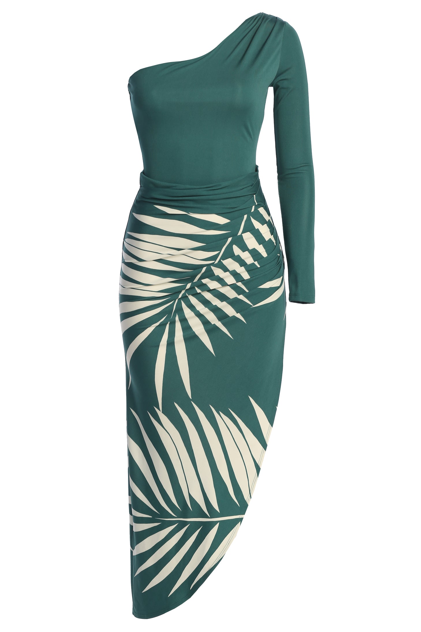 Green One Shoulder Palm Print Dress - JLUXLABEL