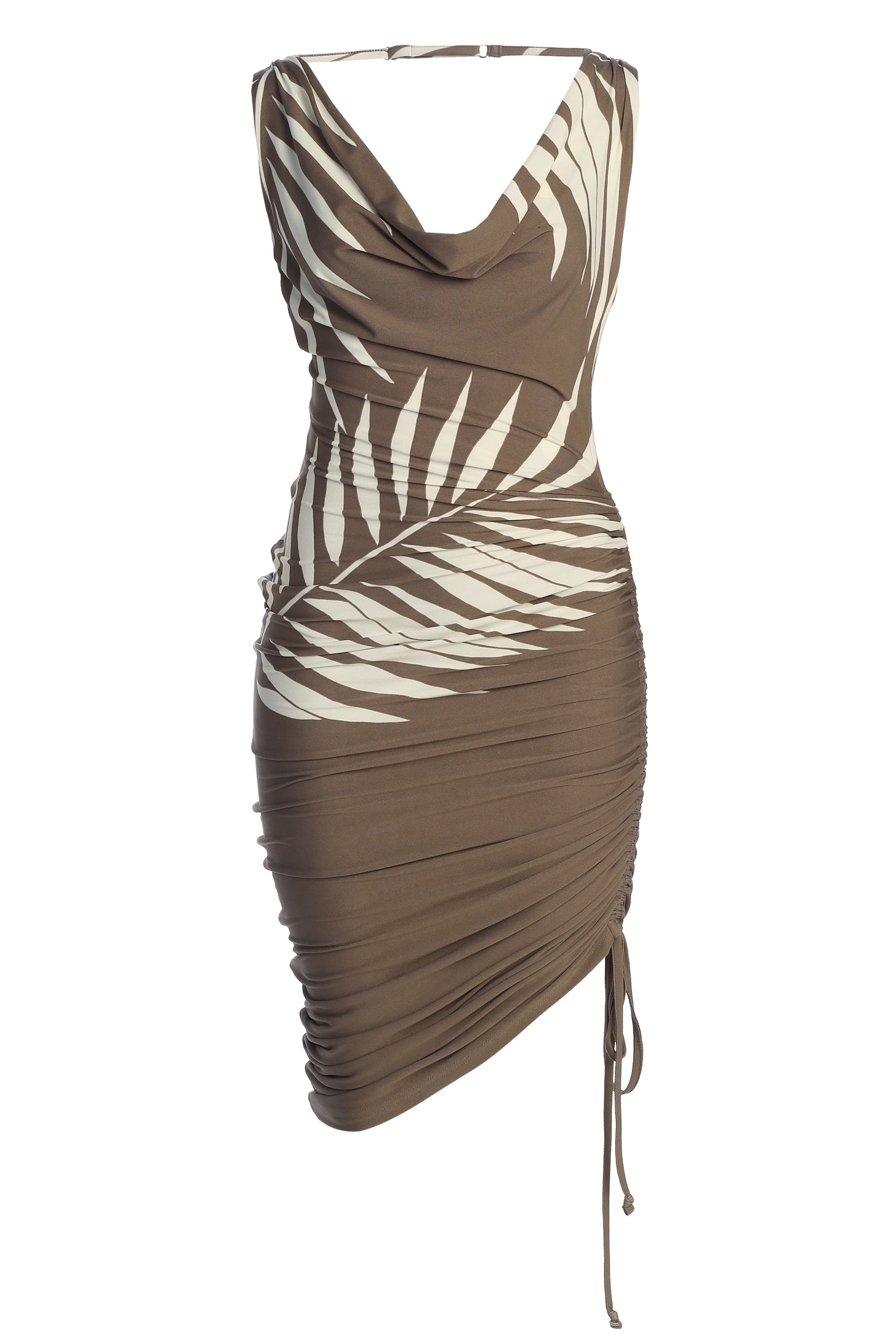 Tan Palm Print Ruched Dress - JLUXLABEL