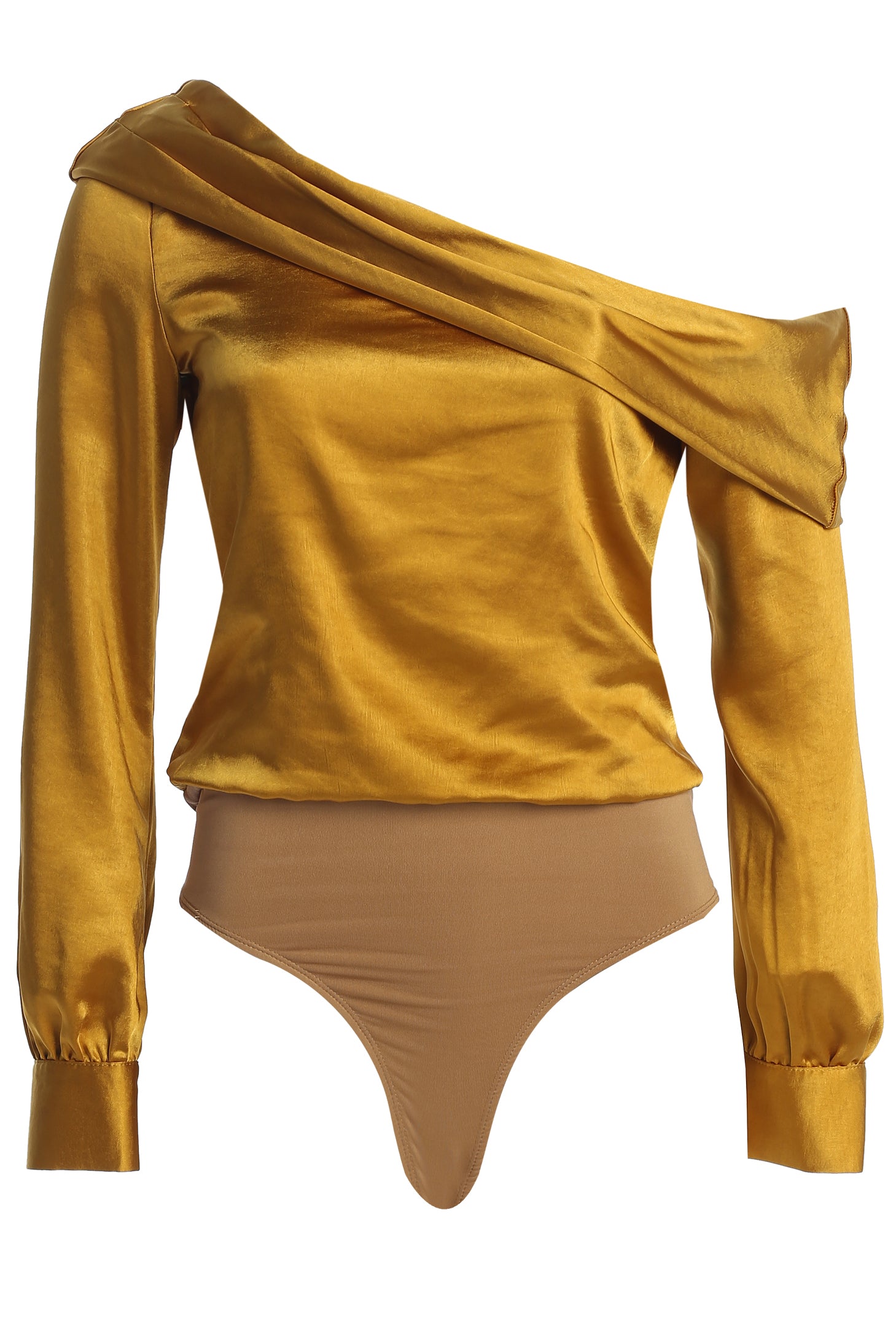 Yellow Satin Rima Asymmetrical Bodysuit - JLUXLABEL