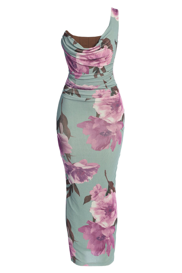 Sage Floral Georgiana One Shoulder Maxi Dress - JLUXLABEL