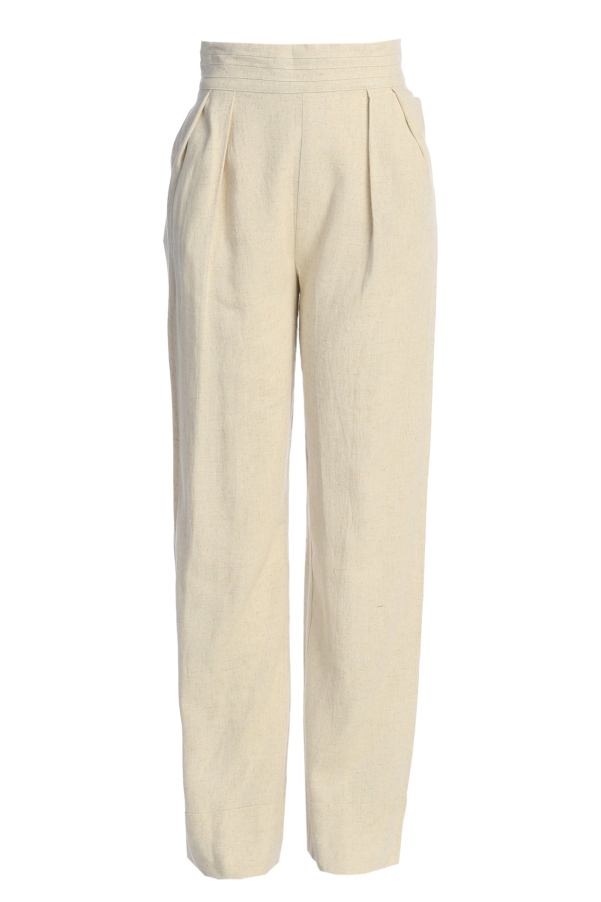 JLUXLABEL Natural Villa Views Linen Trousers, light beige bottoms with a relaxed fit and adjustable waistband, ideal for casual wear.