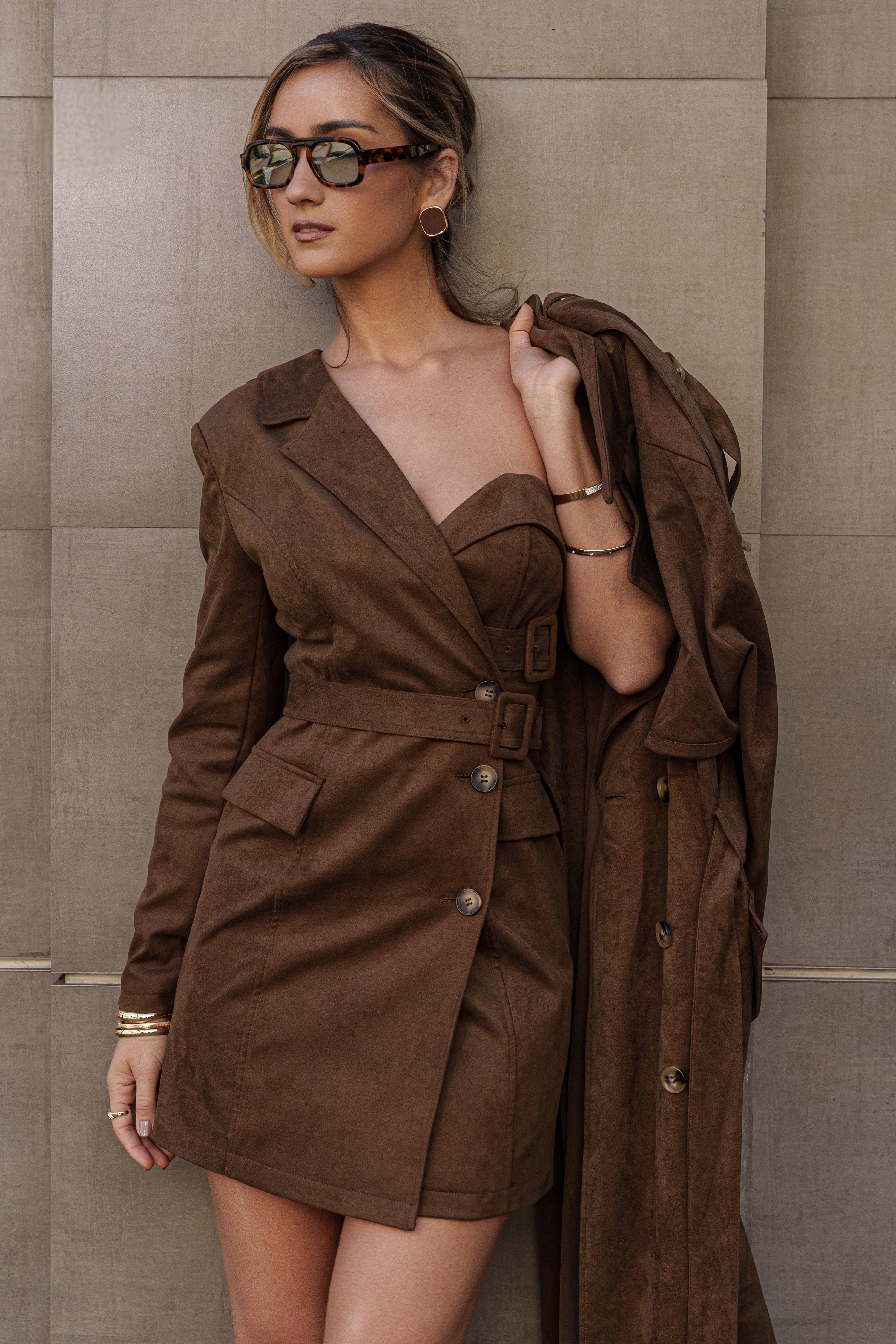 Chocolate One Shoulder Suede Blazer Dress - JLUXLABEL
